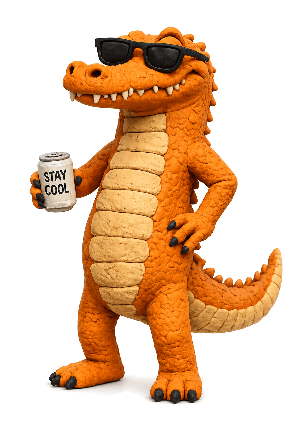 Bookodile's crocodile mascot, in sunglasses and holding a “Stay cool” can