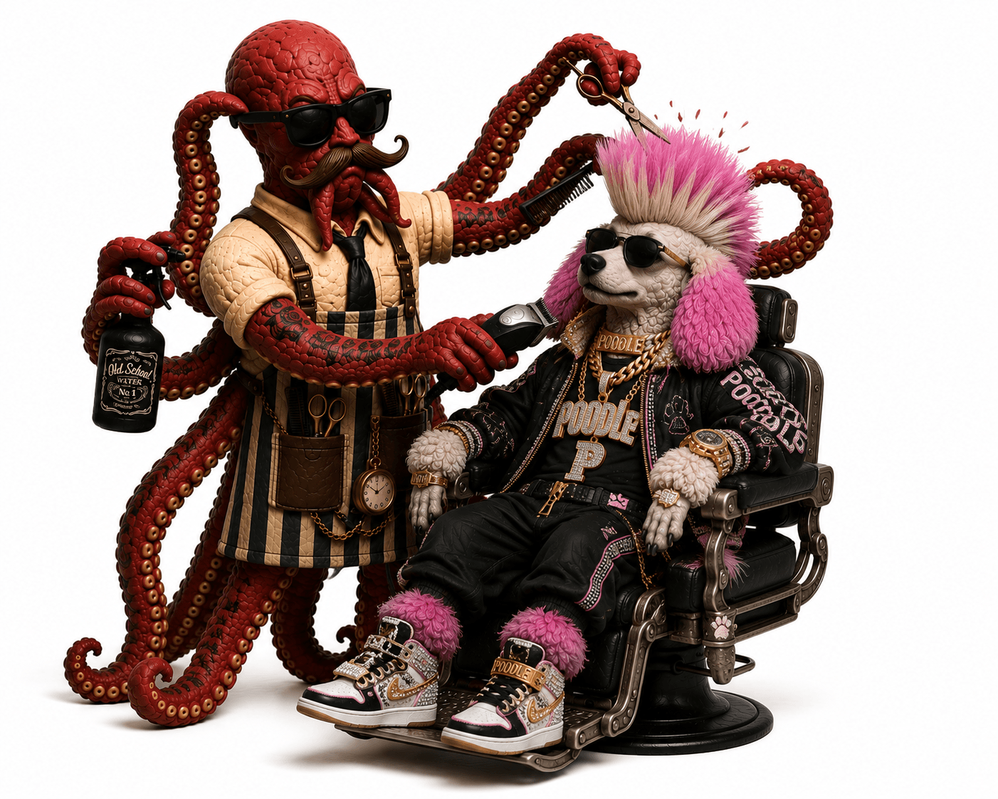 An octopus barber giving a poodle a pink mohawk