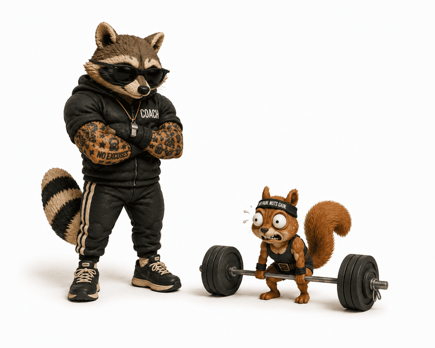 A raccoon coach watching a squirrel deadlift