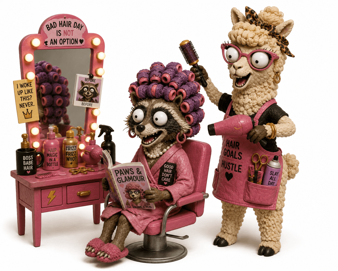 A llama hairdresser blow-drying a raccoon in curlers