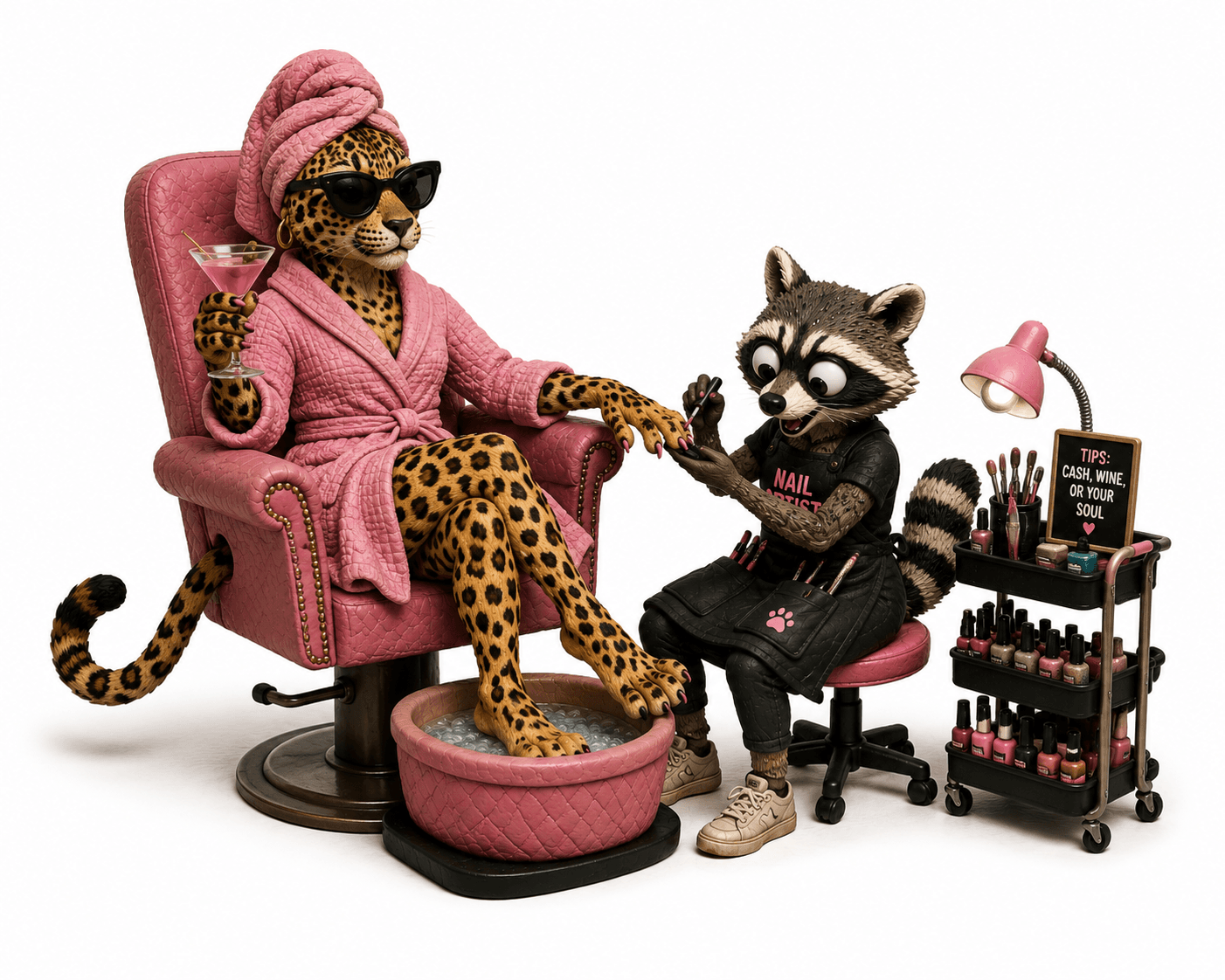 A raccoon nail artist painting a leopard's claws