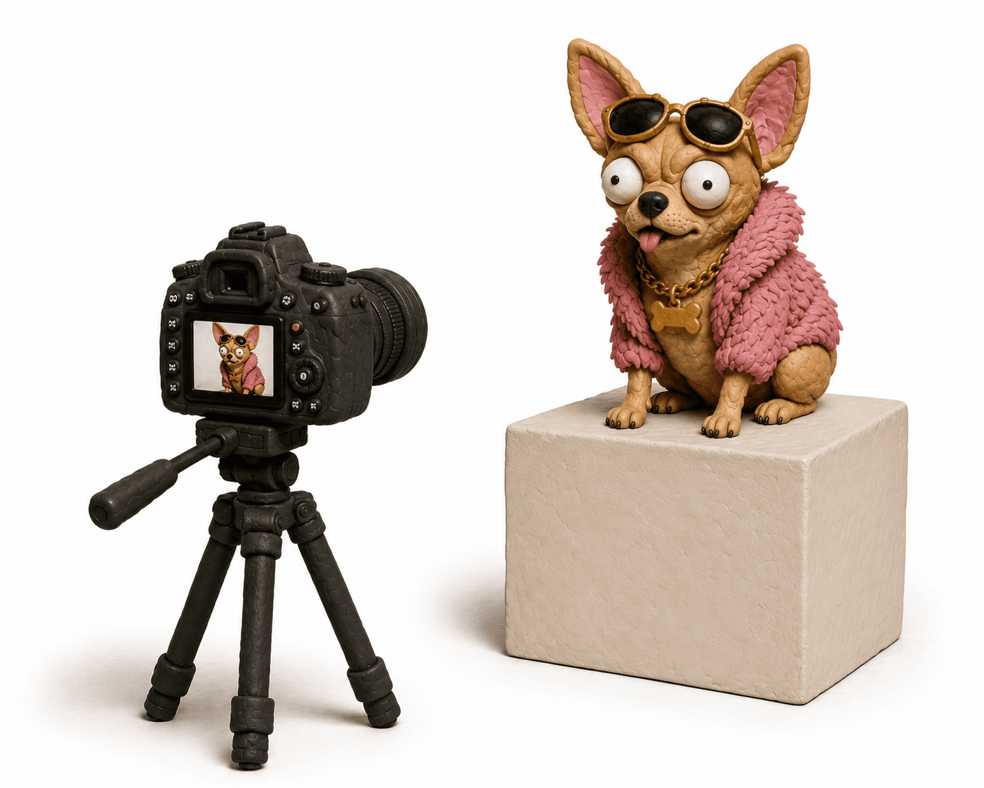 A chihuahua in a pink coat posing for a studio camera