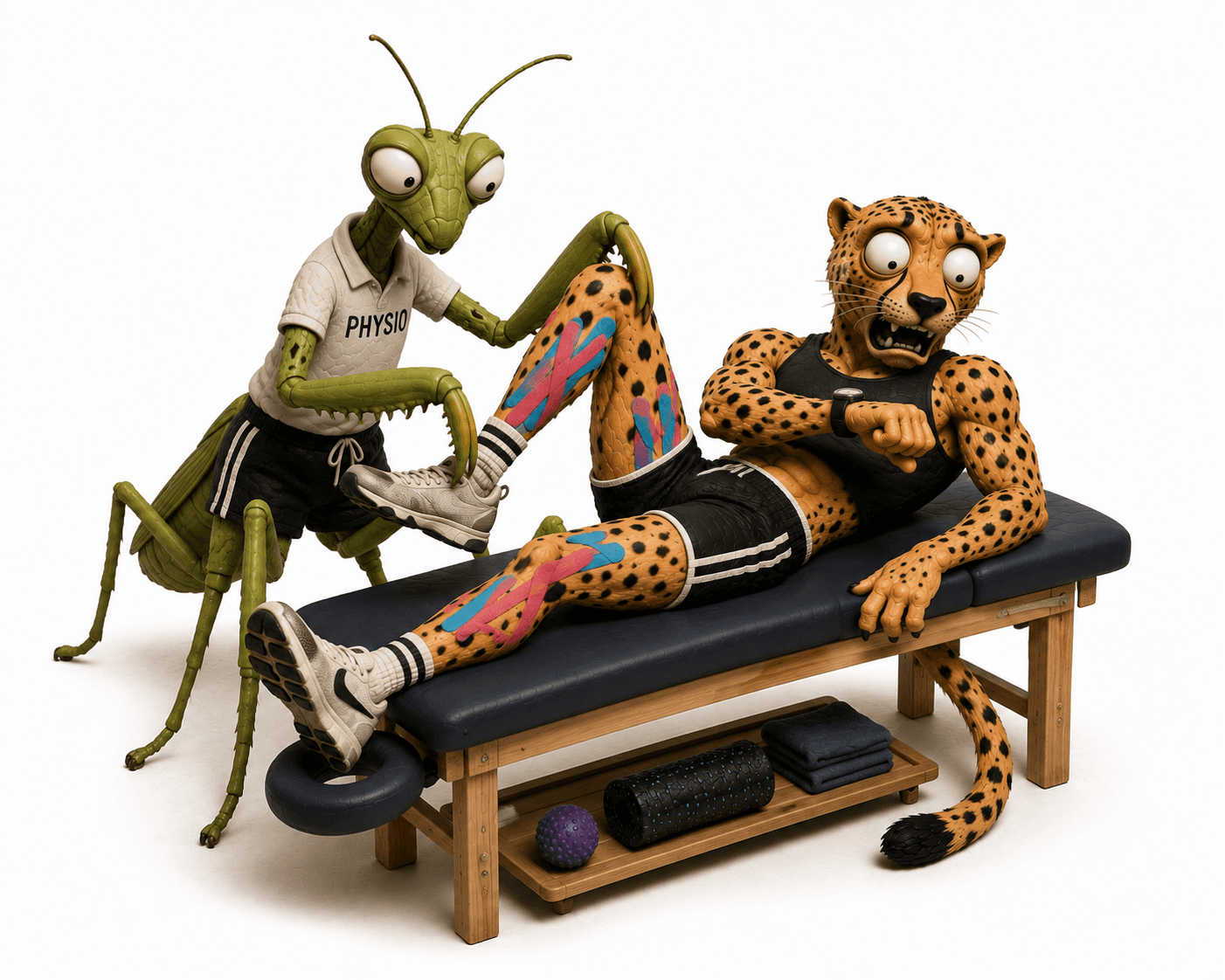 A praying-mantis physio stretching a cheetah's leg on a treatment table