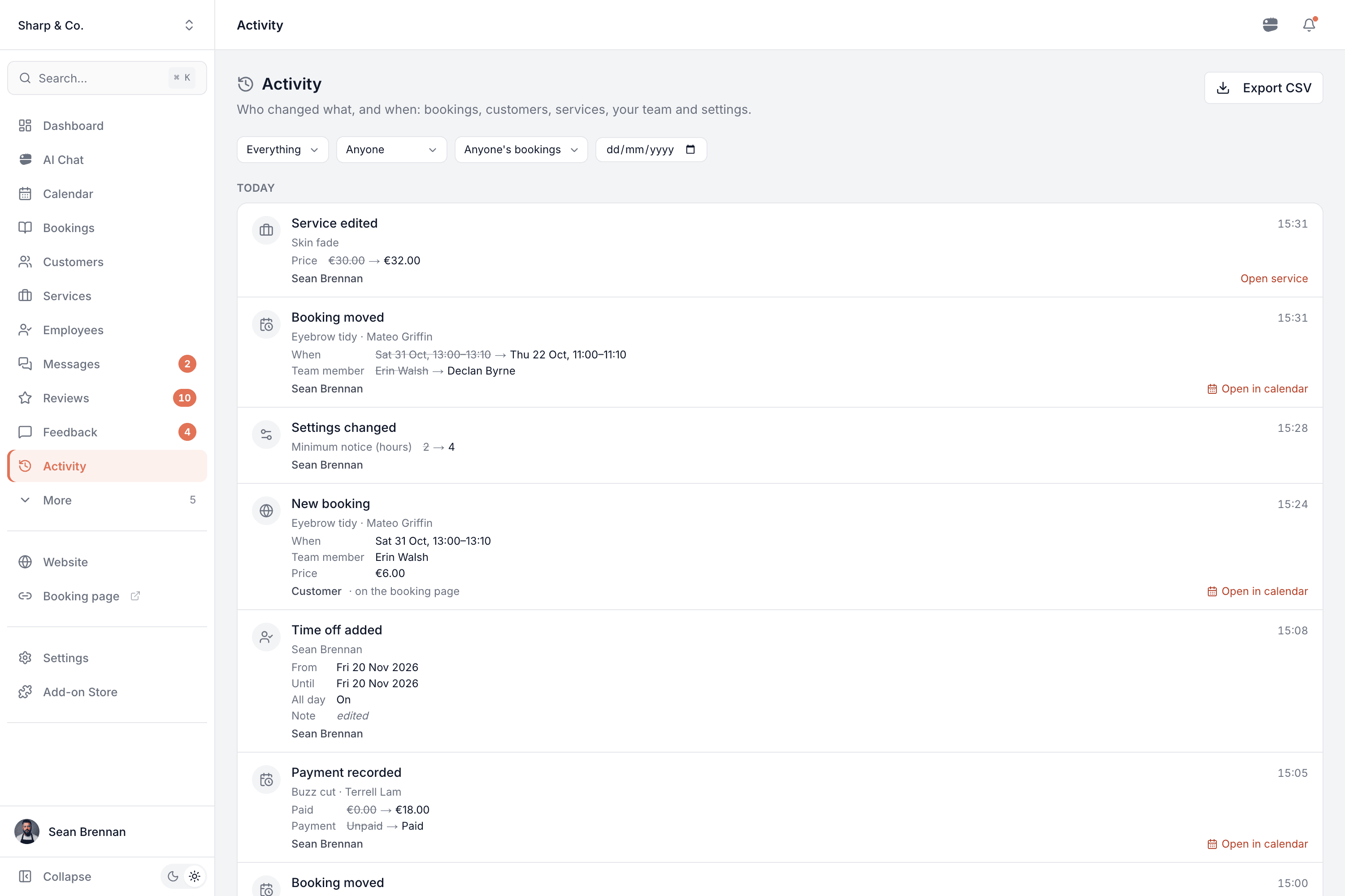 The Activity page listing today's changes: a service's price raised, a booking moved to another day and team member, settings changed, a new booking from the booking page, time off added and a payment recorded, each with who did it