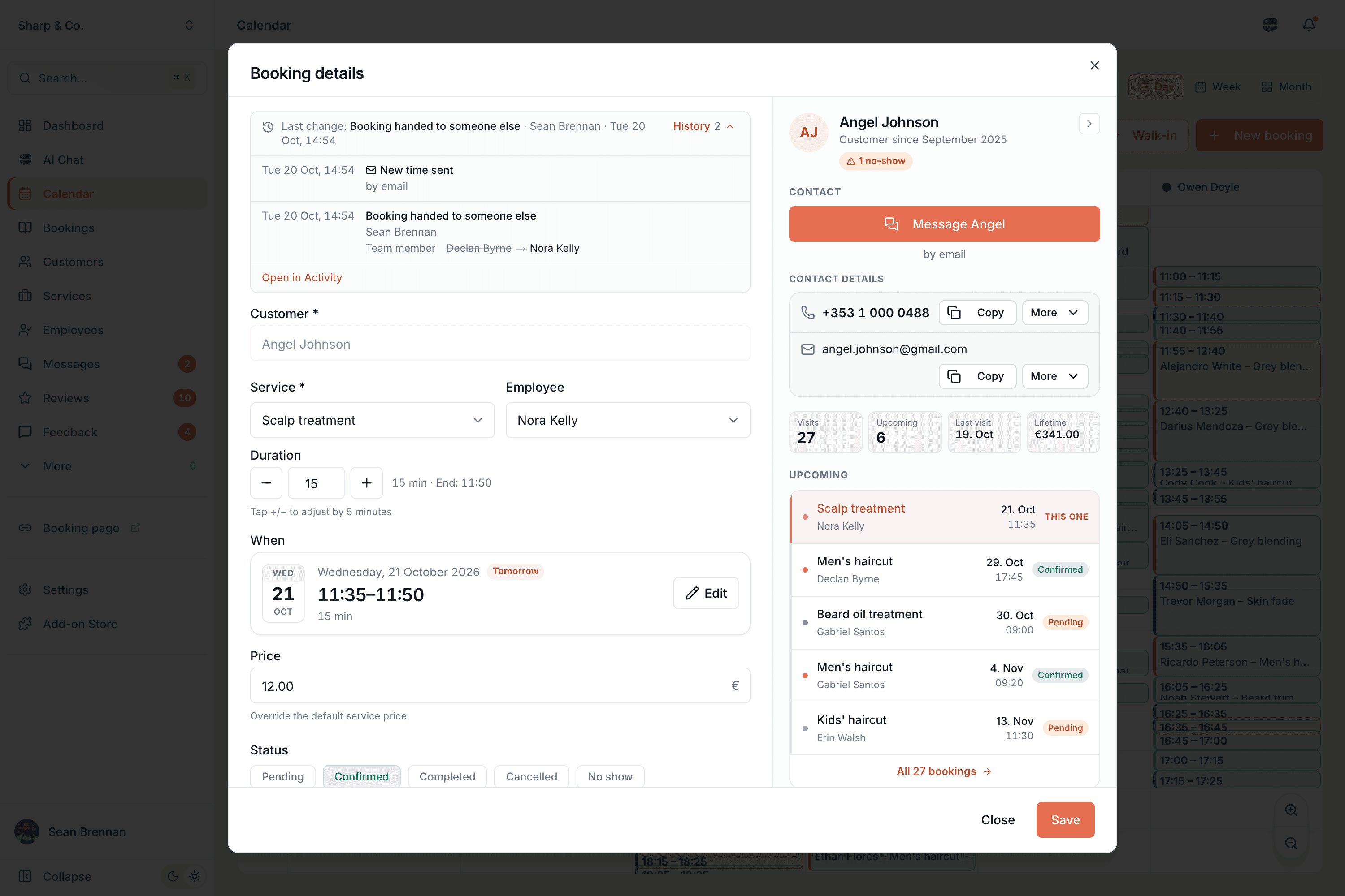The booking window with its history open above the form: the booking was handed from one team member to another in the calendar, with who did it and when, and the email the customer was sent
