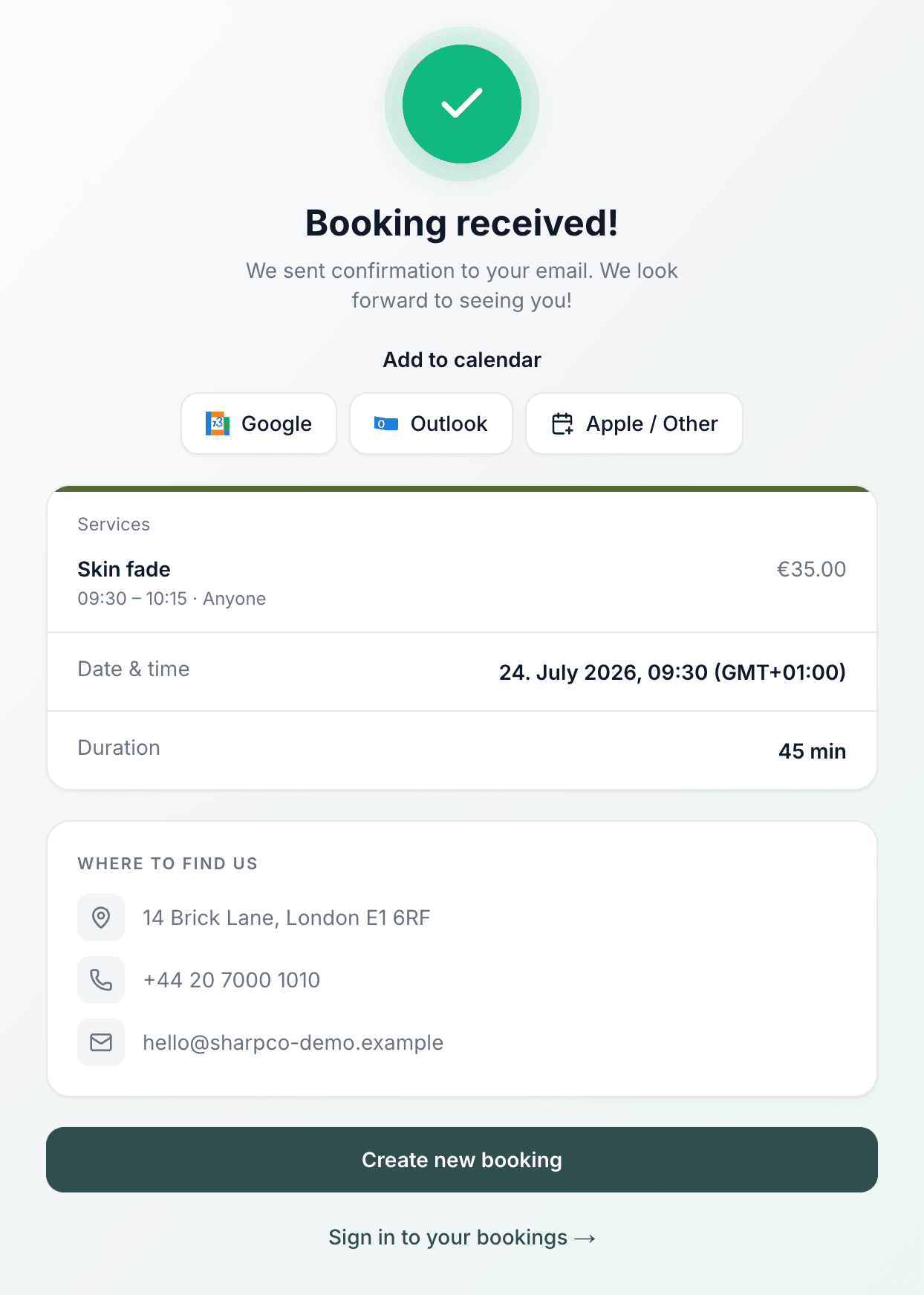 Confirmation page with add-to-calendar buttons, booking summary and business contact details