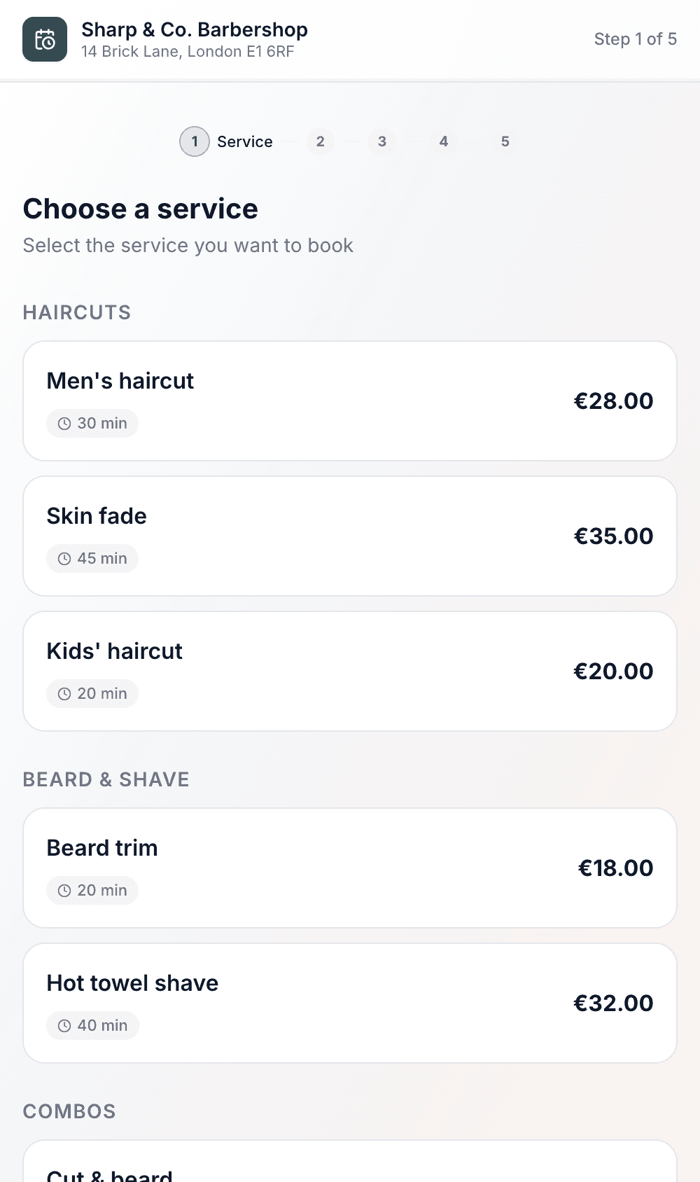 Booking page service selection on a phone