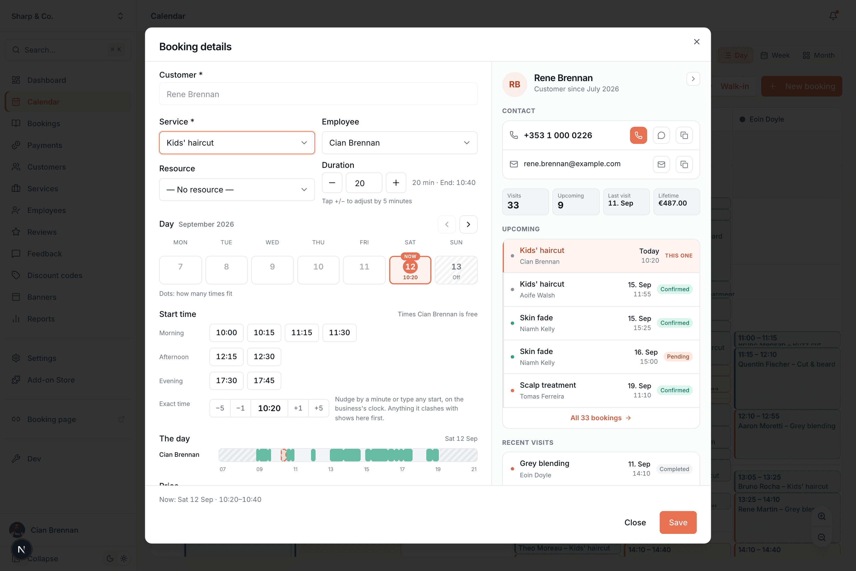 Booking detail dialog with customer, service, employee, time, price, status and note