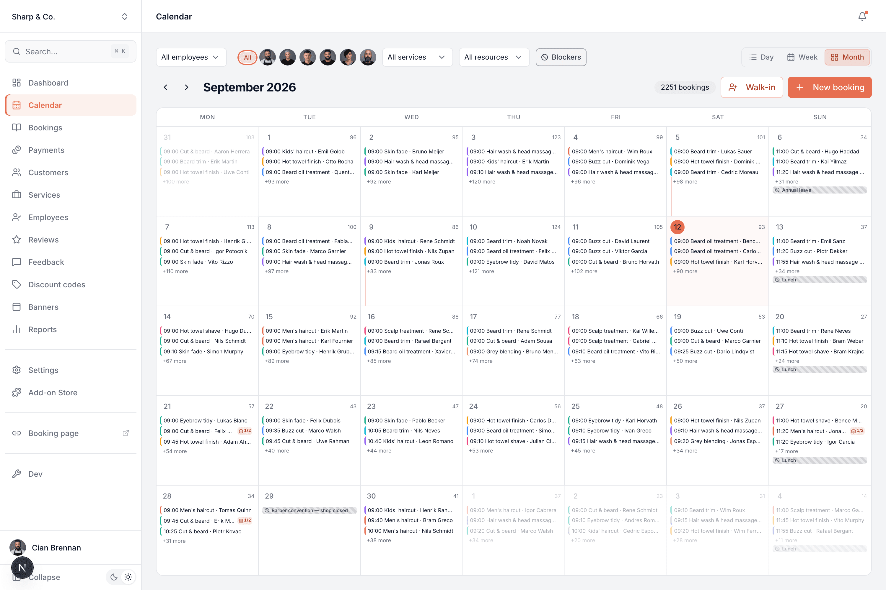 Month view showing bookings on every day with a per-day count