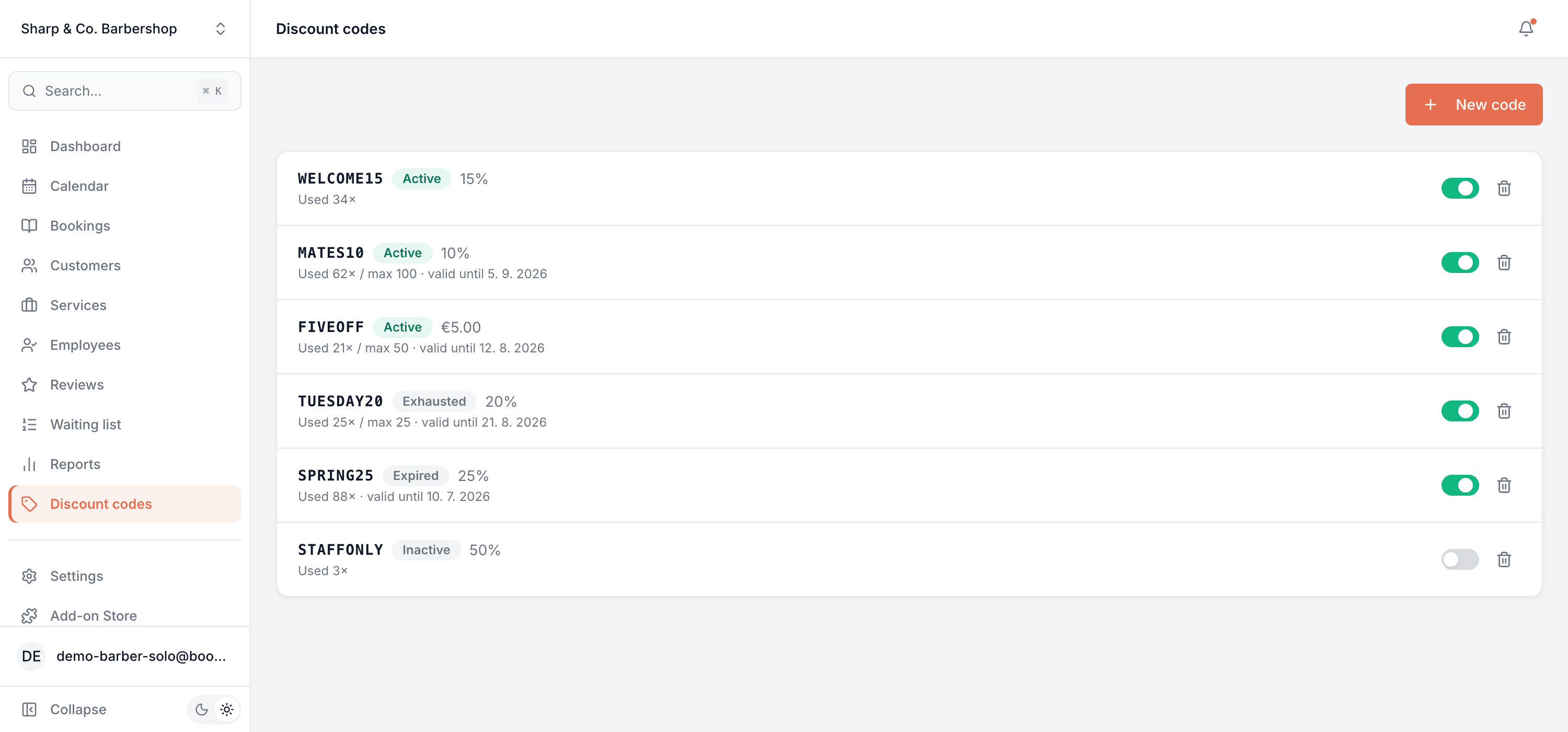 Discount codes screen listing six codes with Active, Exhausted, Expired and Inactive badges and usage counts