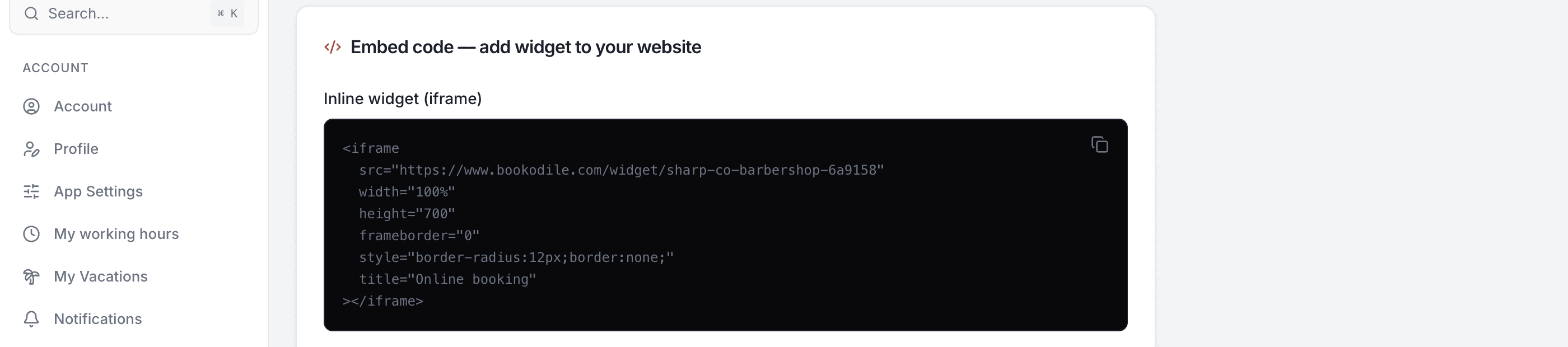 The embed settings showing a copy-paste iframe snippet for adding the booking widget to a website