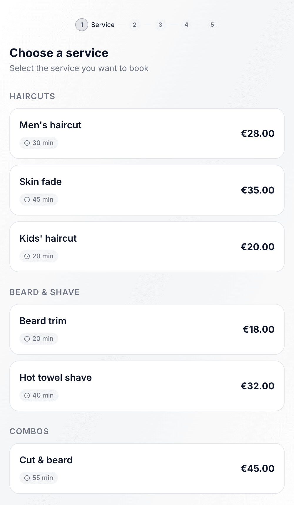 The booking widget on a phone, with services grouped by category
