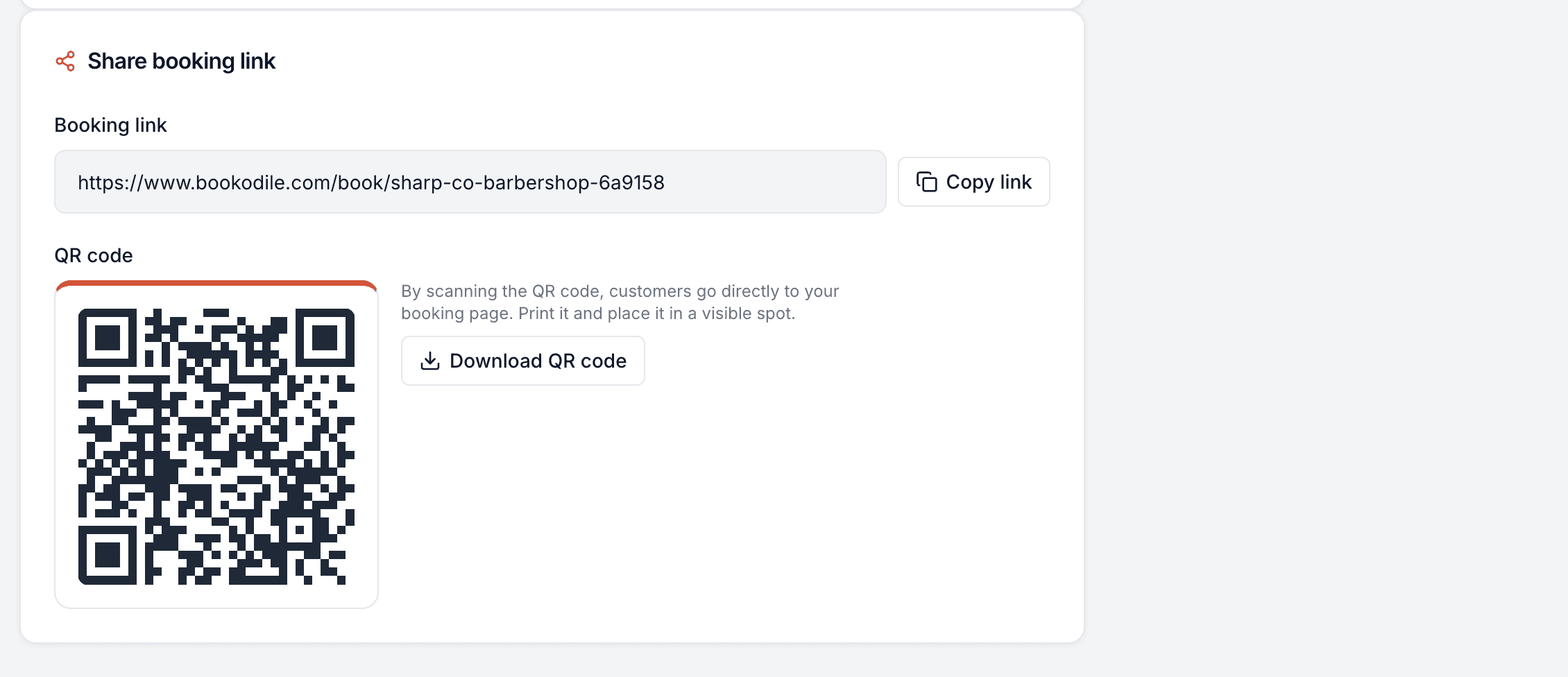 The share panel with a copyable booking link and a downloadable QR code that opens the booking page