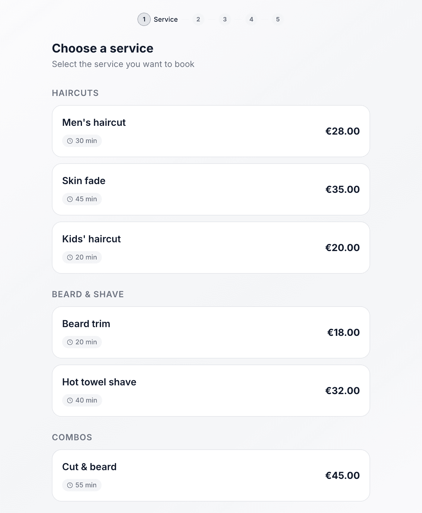 The embeddable booking widget showing a service picker with categories, durations and prices