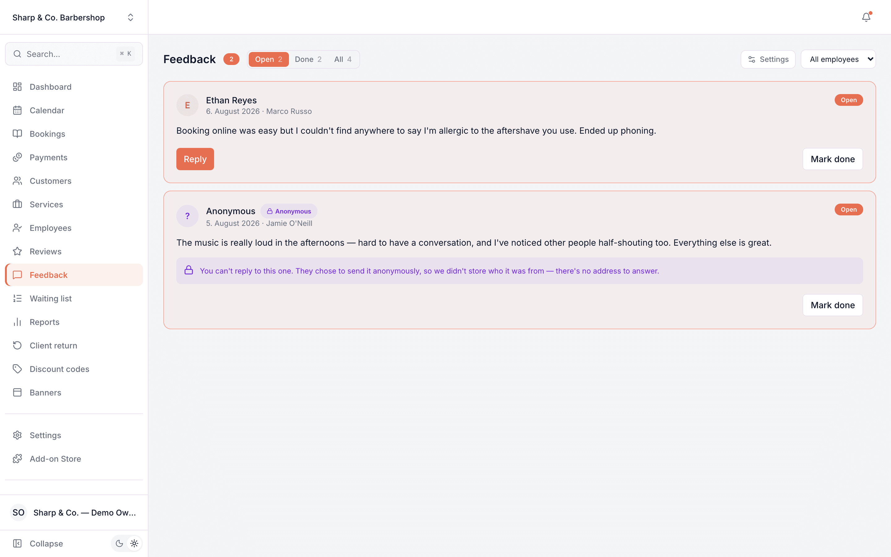 Feedback screen listing private messages from customers, one of them marked anonymous with a note explaining it cannot be replied to