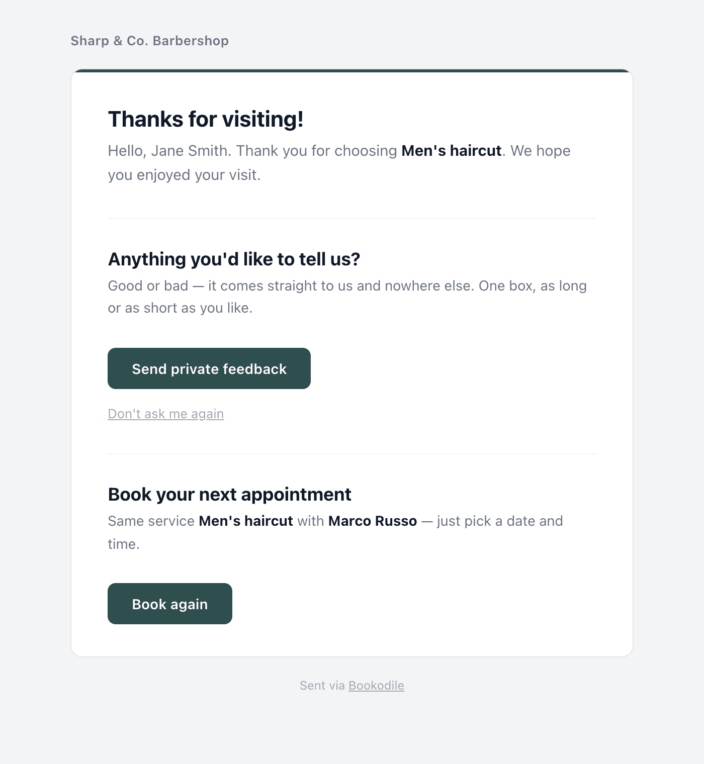 Post-visit email asking the shop's own feedback question with a Send private feedback button, and no public review ask anywhere on it