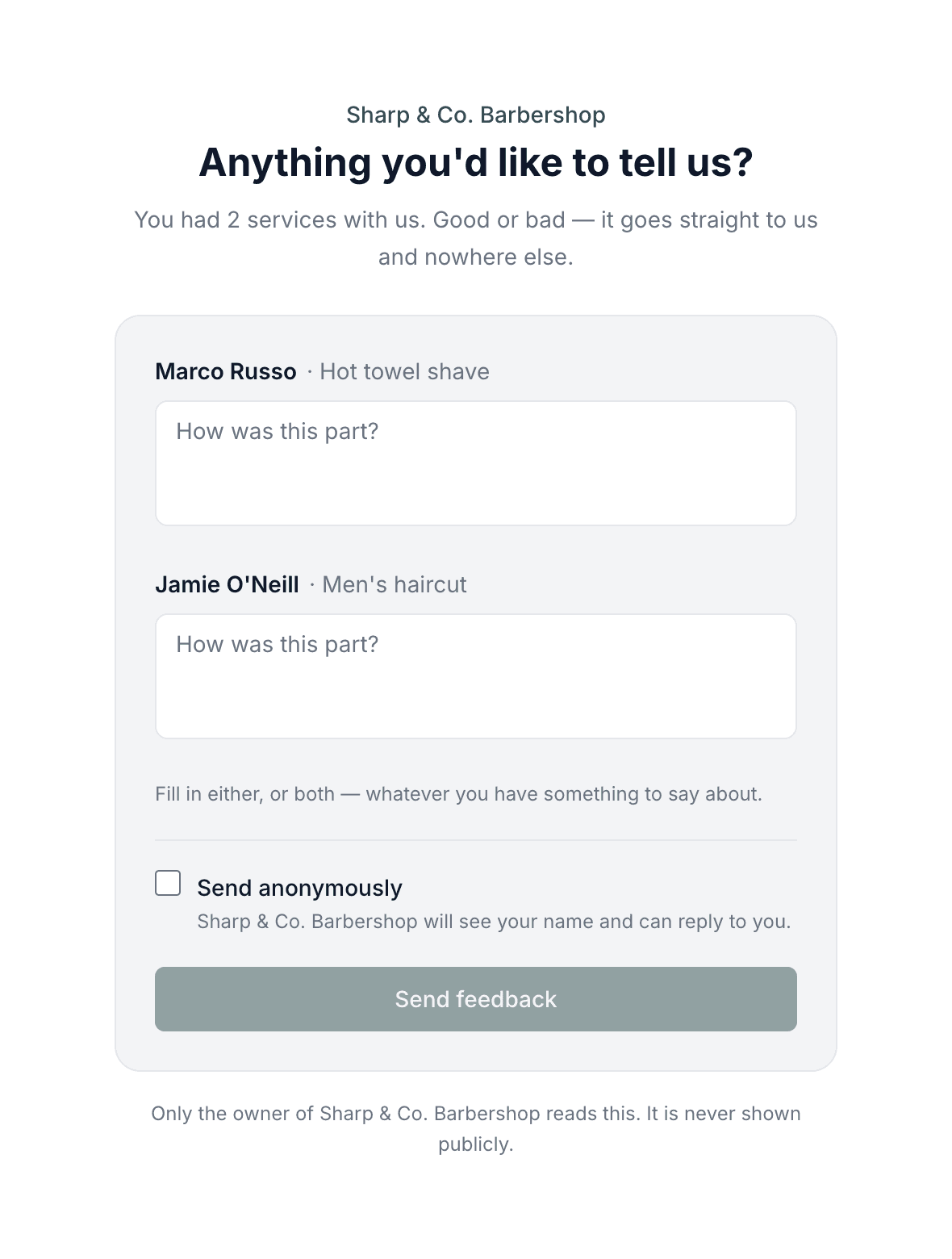 Customer feedback page with one text box per service in the visit, each labelled with the employee who performed it, and a send-anonymously checkbox