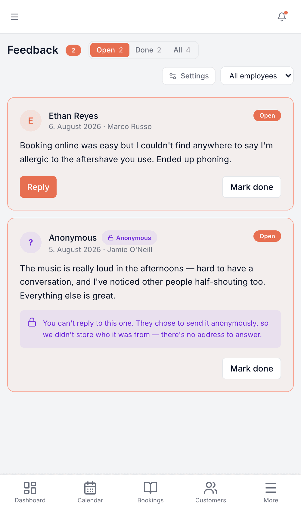 The Feedback screen on a phone showing an anonymous entry with the note explaining why it cannot be answered