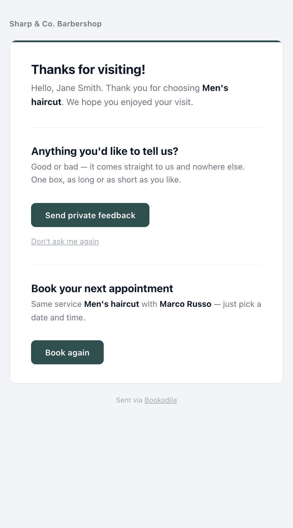 The feedback request email on a phone, with the shop's question and a Send private feedback button