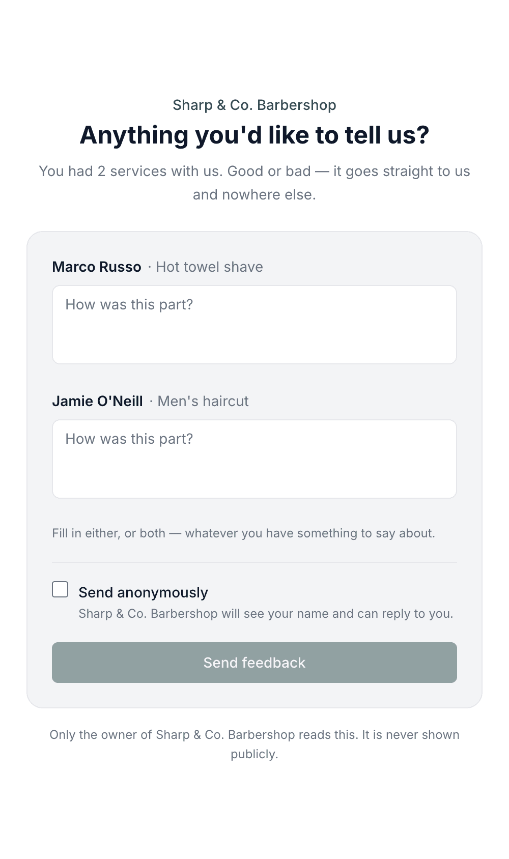The feedback page on a phone, with a labelled text box per service and a send-anonymously option