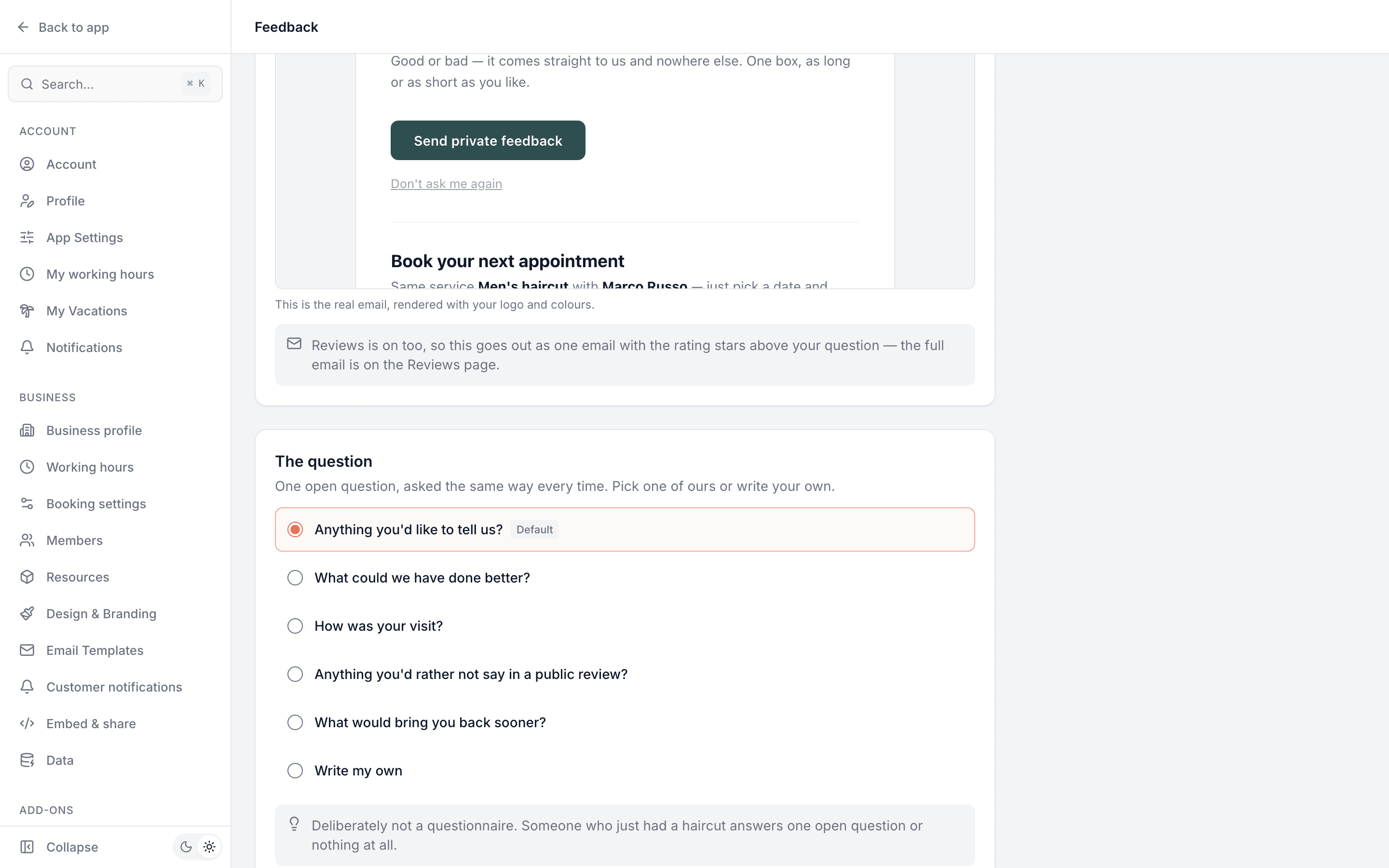 Feedback settings showing the add-on toggle, the three explainer cards, and the question picker with five ready-made questions and a write-my-own option