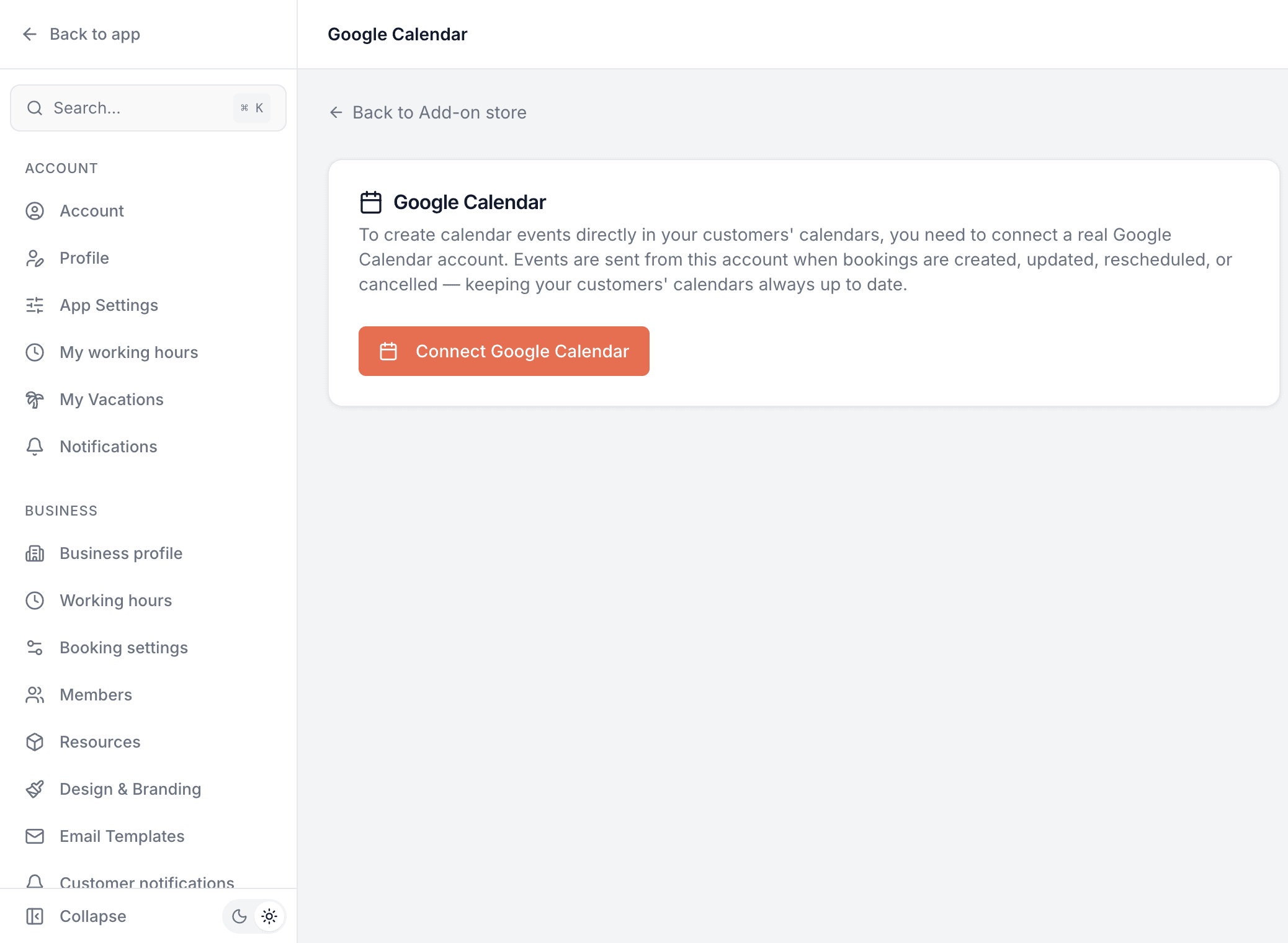Google Calendar settings screen with an explanation and a Connect Google Calendar button