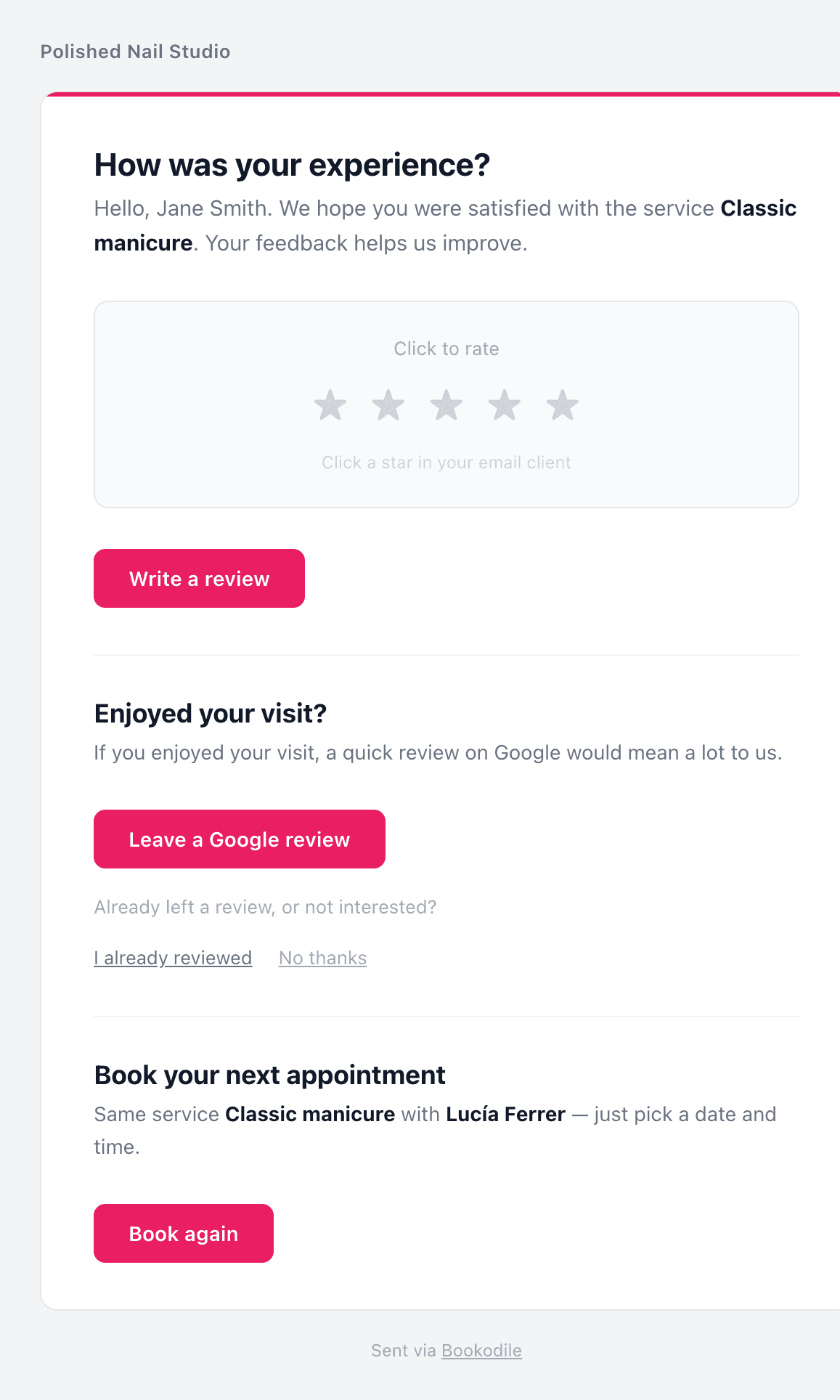 Post-visit email combining a star rating and a Leave a Google review button