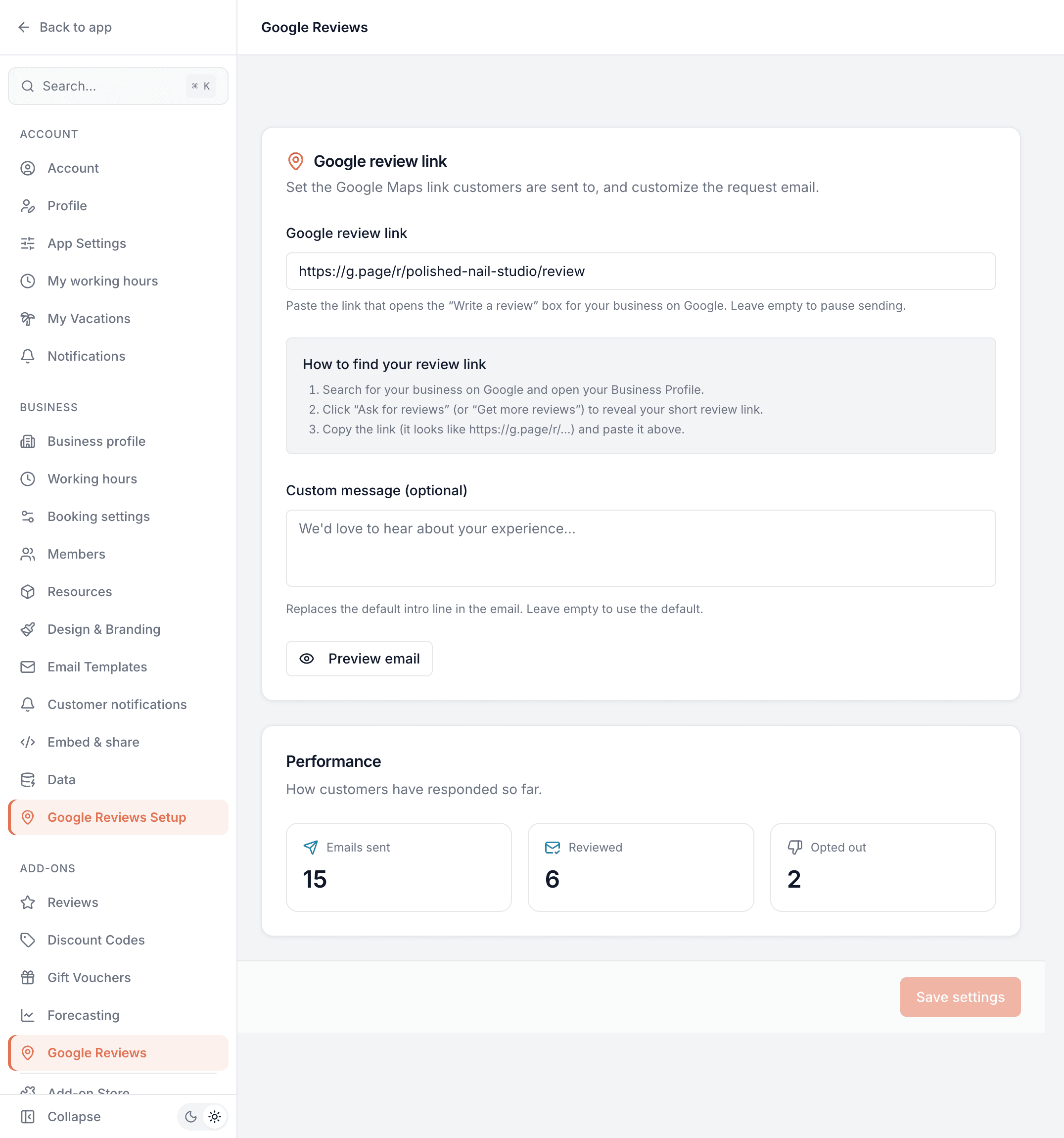 Google Reviews setup screen with the review link field, a how-to helper and Sent / Reviewed / Opted-out stat cards