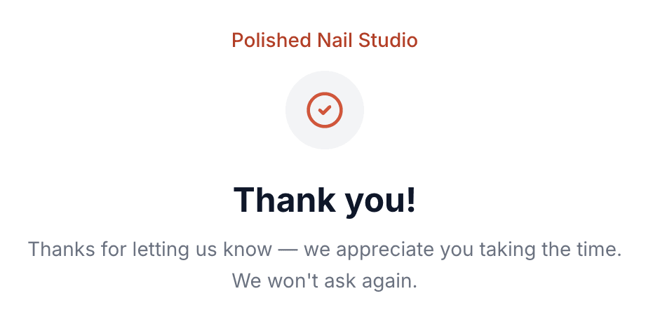 Branded thank-you page shown after a customer responds