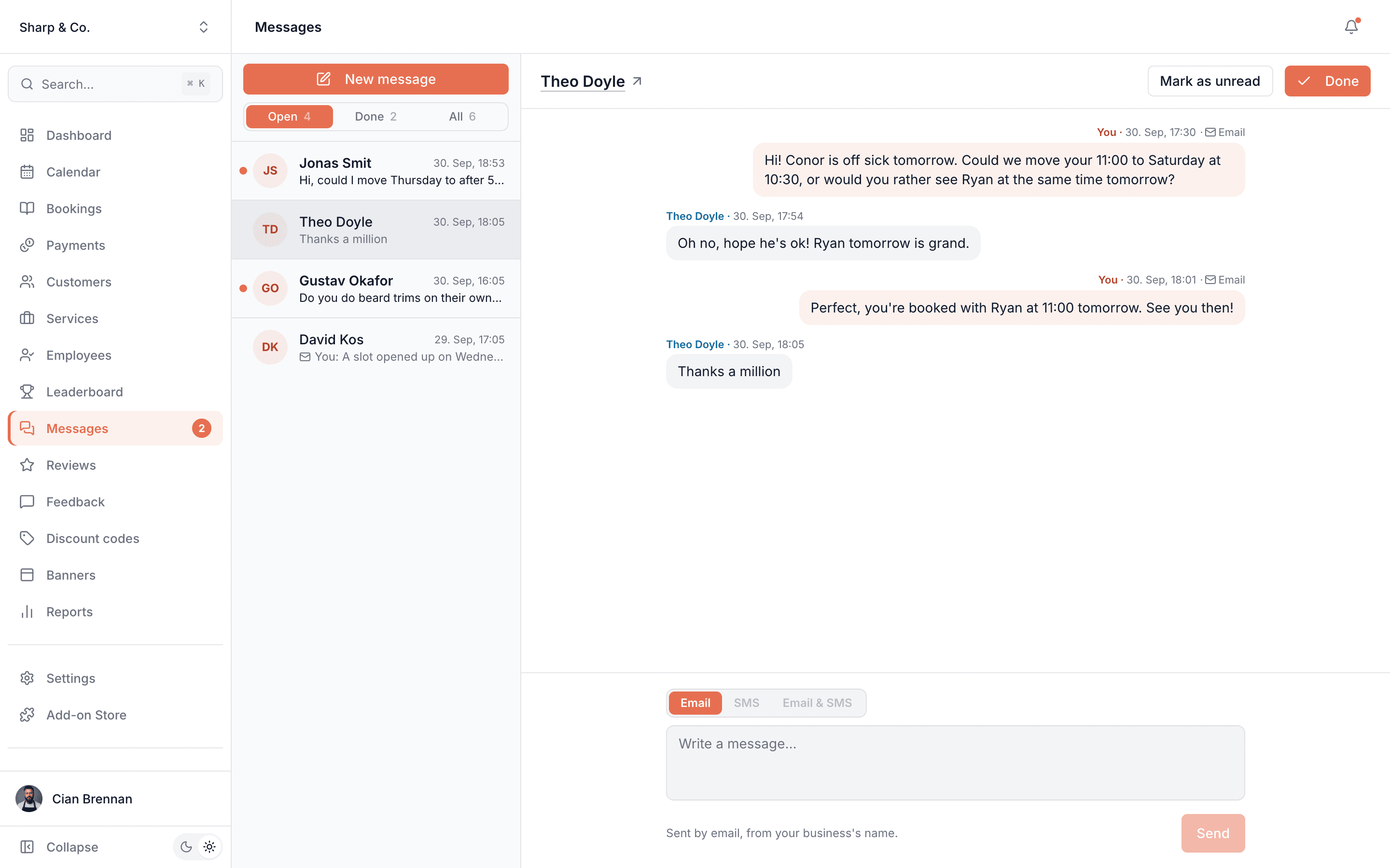 Messages inbox listing conversations newest first under Open, Done and All tabs, with one conversation open beside the list