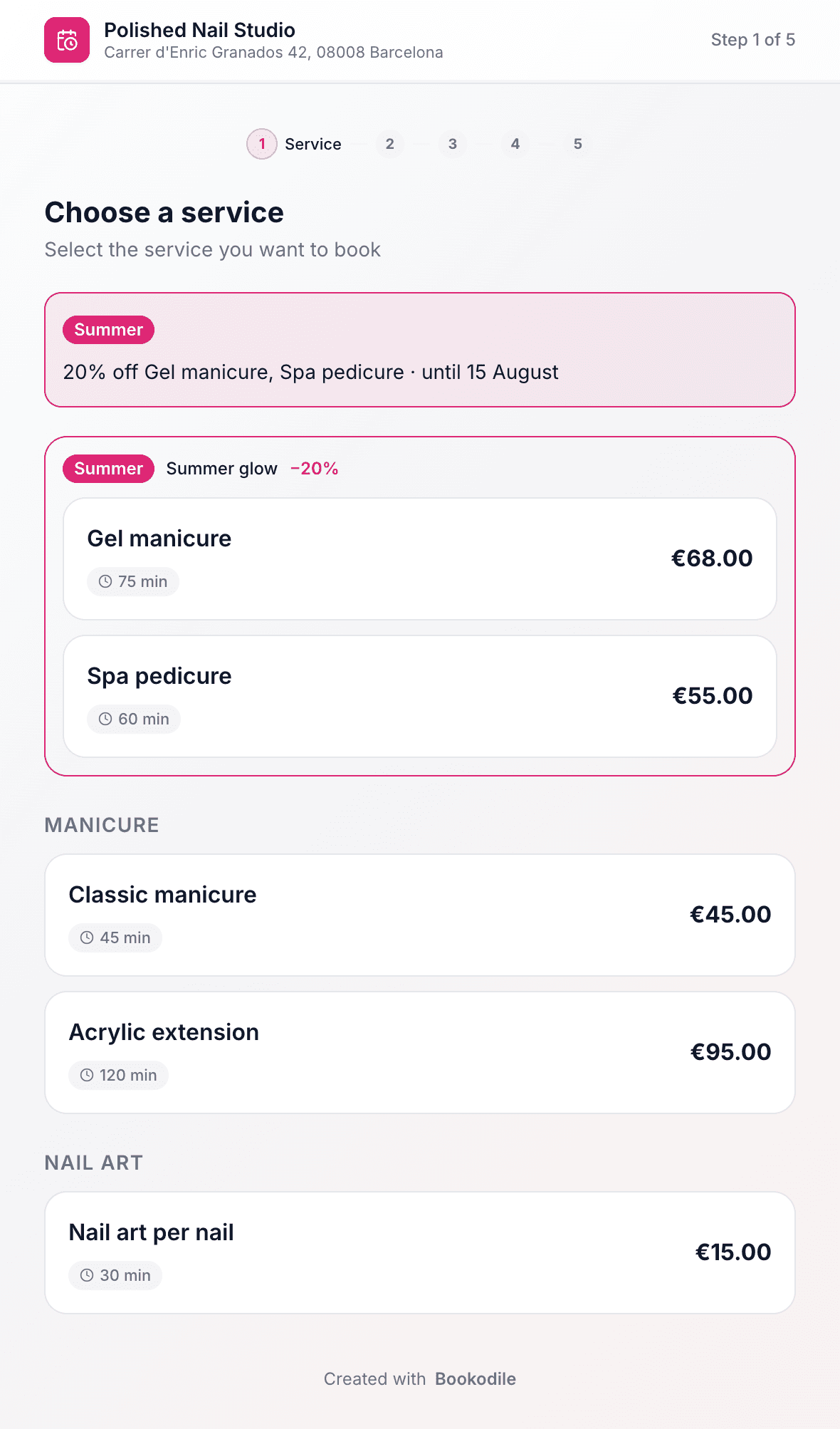 Public booking page with a promotion banner and a highlighted section featuring two discounted services