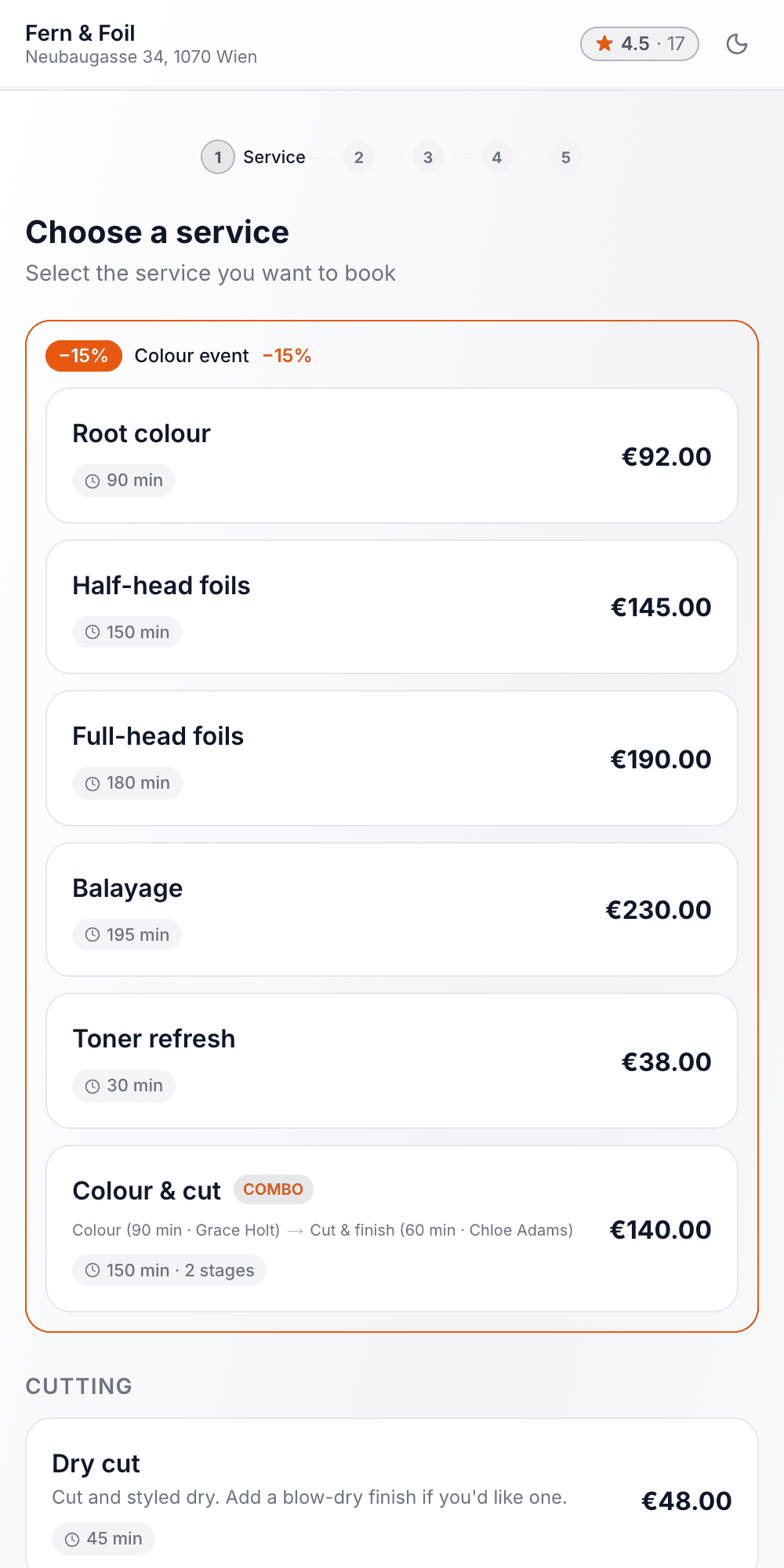 Fern & Foil's booking page on a phone: a promotion over its colour services, each with its price and duration