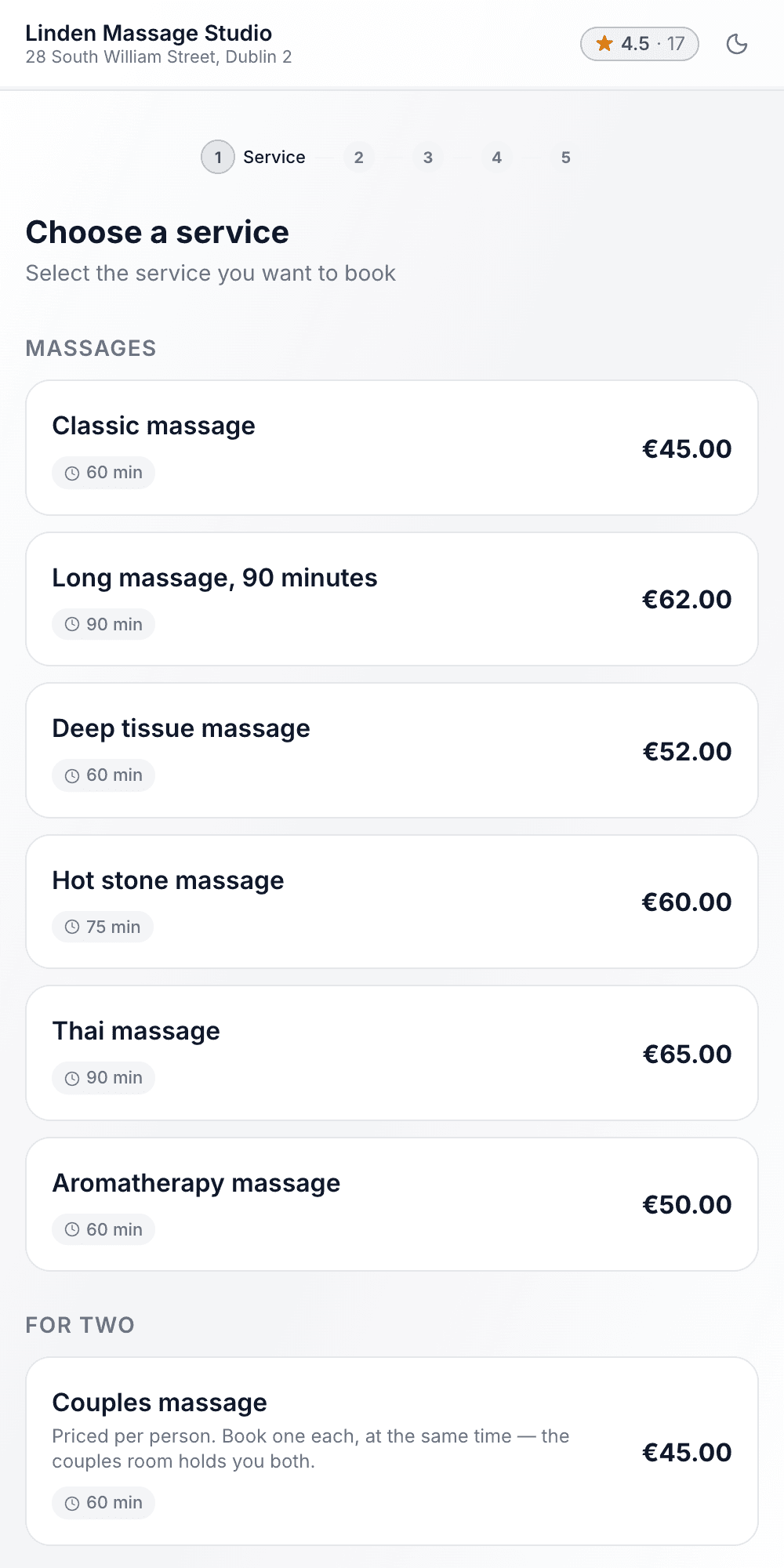 Linden Massage Studio's booking page on a phone: its massages, each with its price and duration
