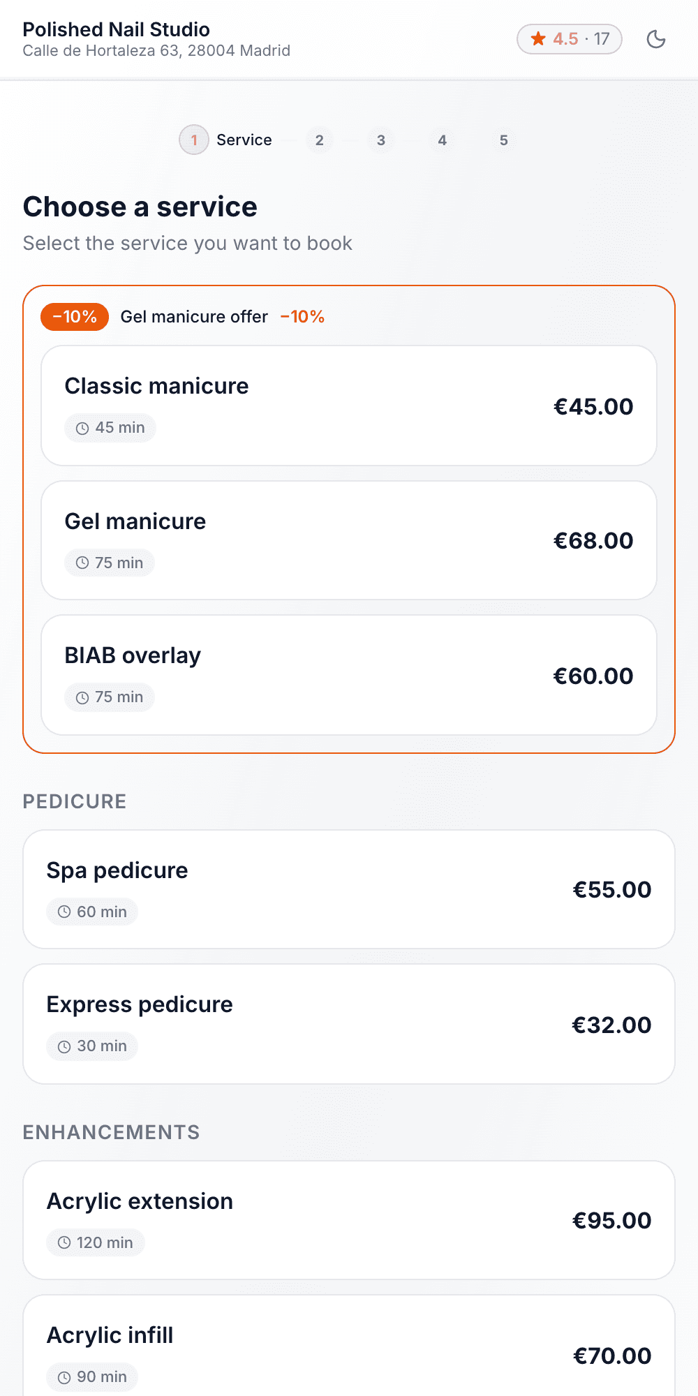 Polished Nail Studio's booking page on a phone: a promotion over its manicures, each with its price and duration