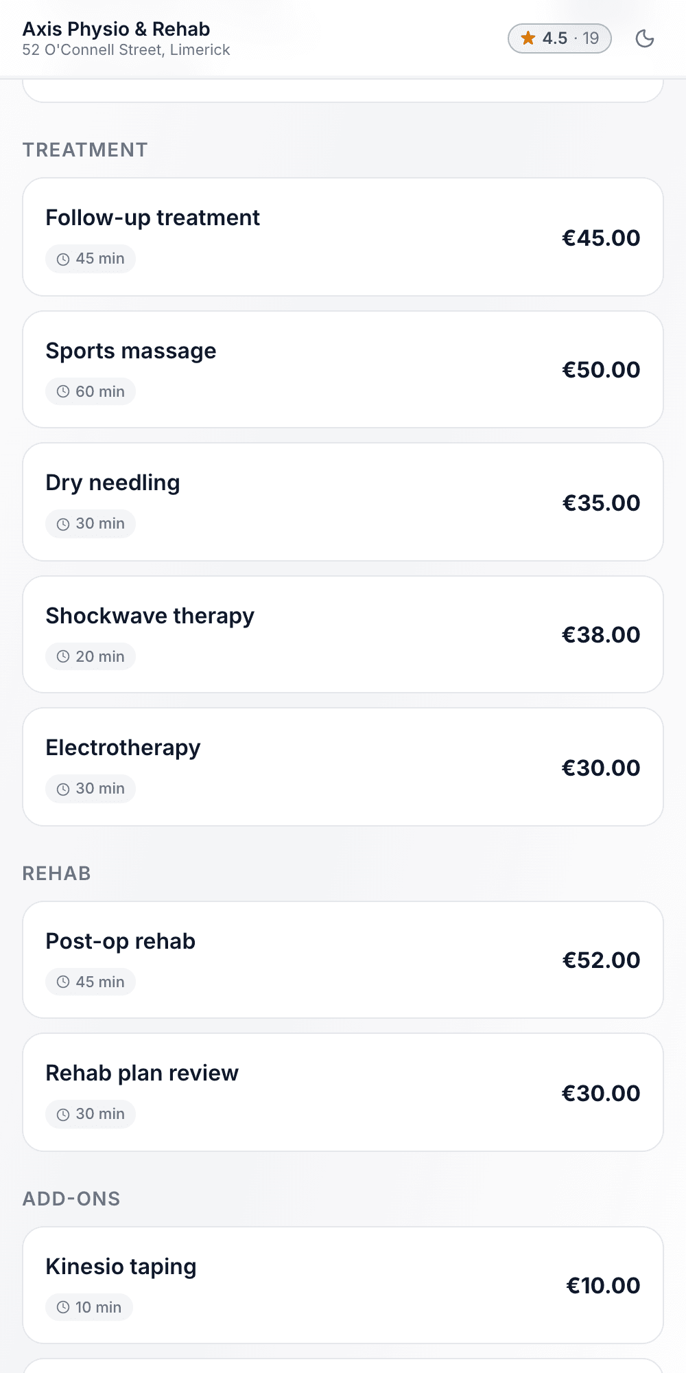 Axis Physio & Rehab's booking page on a phone: its treatments, each with its price and duration