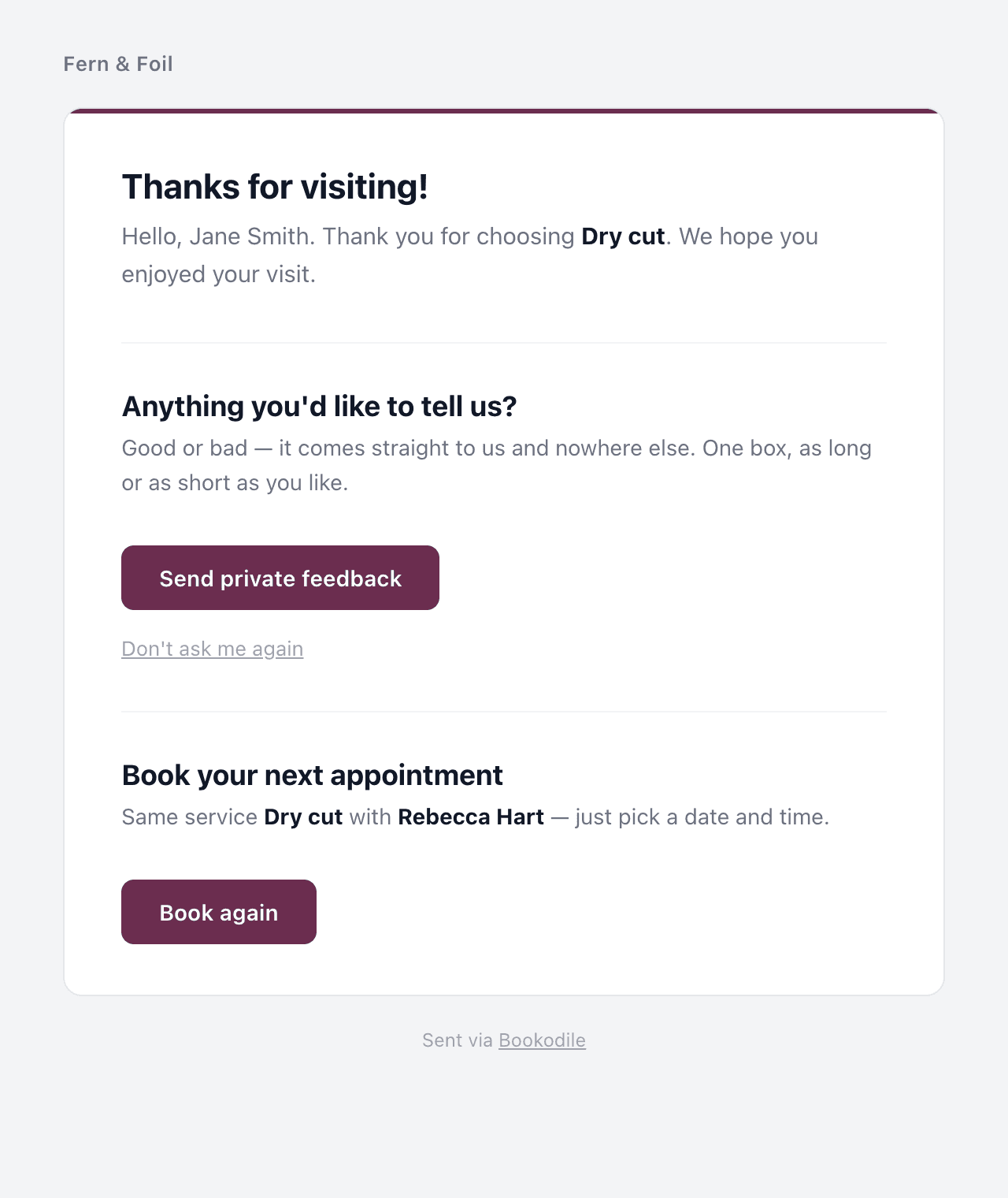 The email after a visit asking for private feedback, with Book again under it