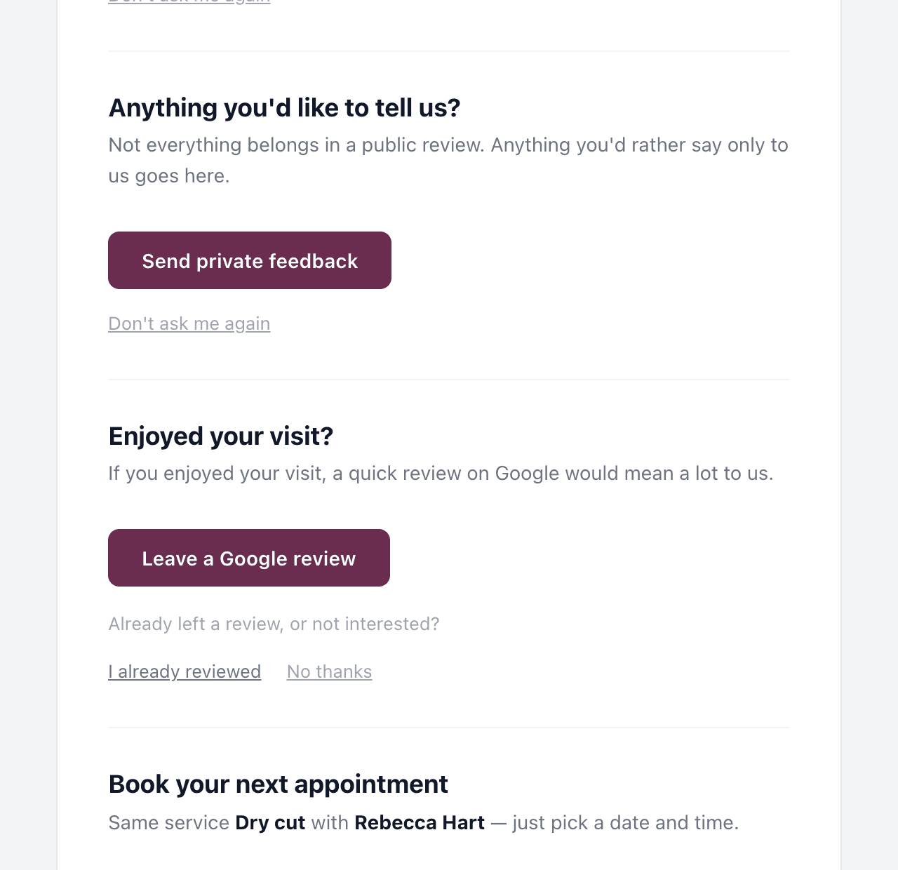 The email after a visit, at its Google part: the private feedback question, then Leave a Google review with I already reviewed and No thanks under it, then Book again
