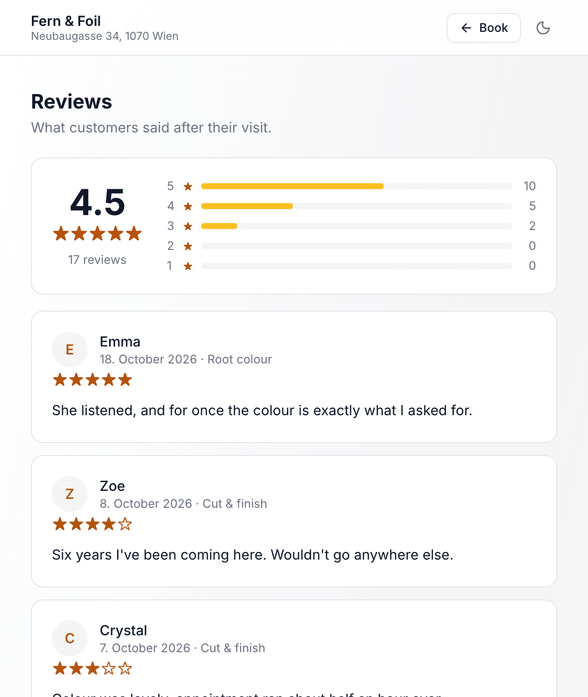 A hair salon's public reviews page: a 4.5 average from 17 reviews and the latest ones, each with its service