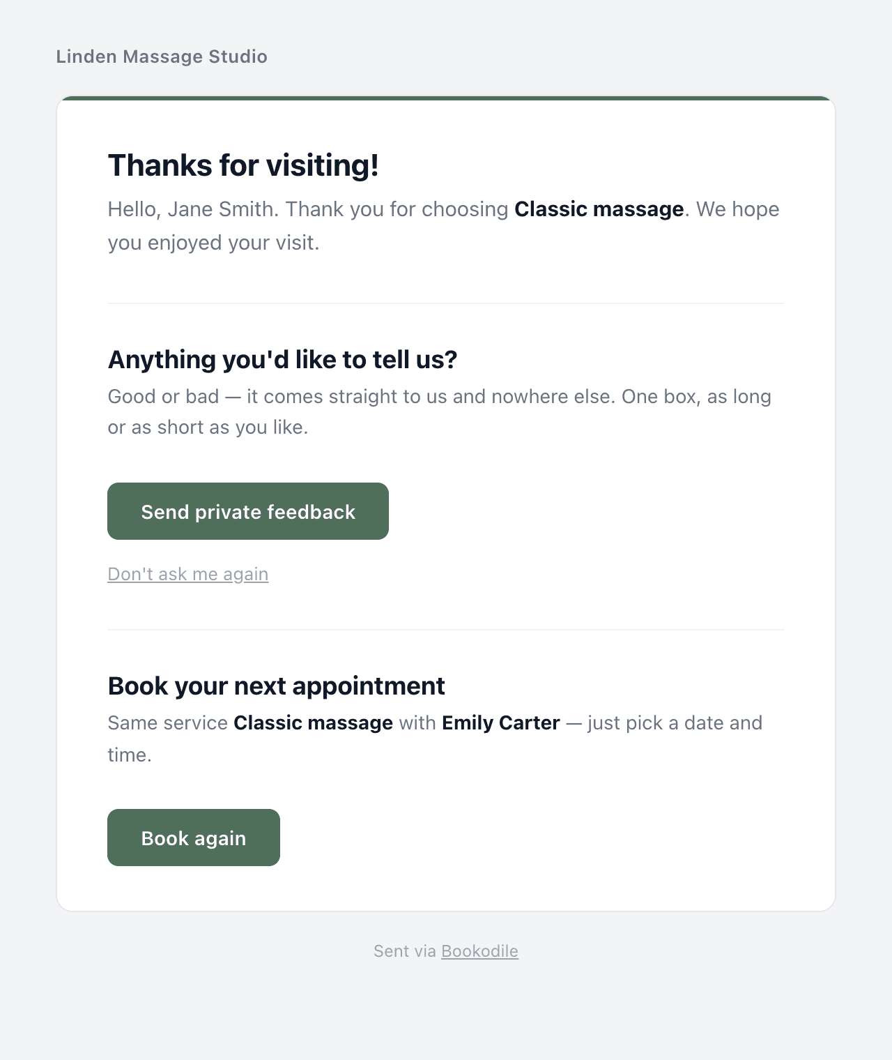 The email after a visit asking for private feedback, with Book again under it
