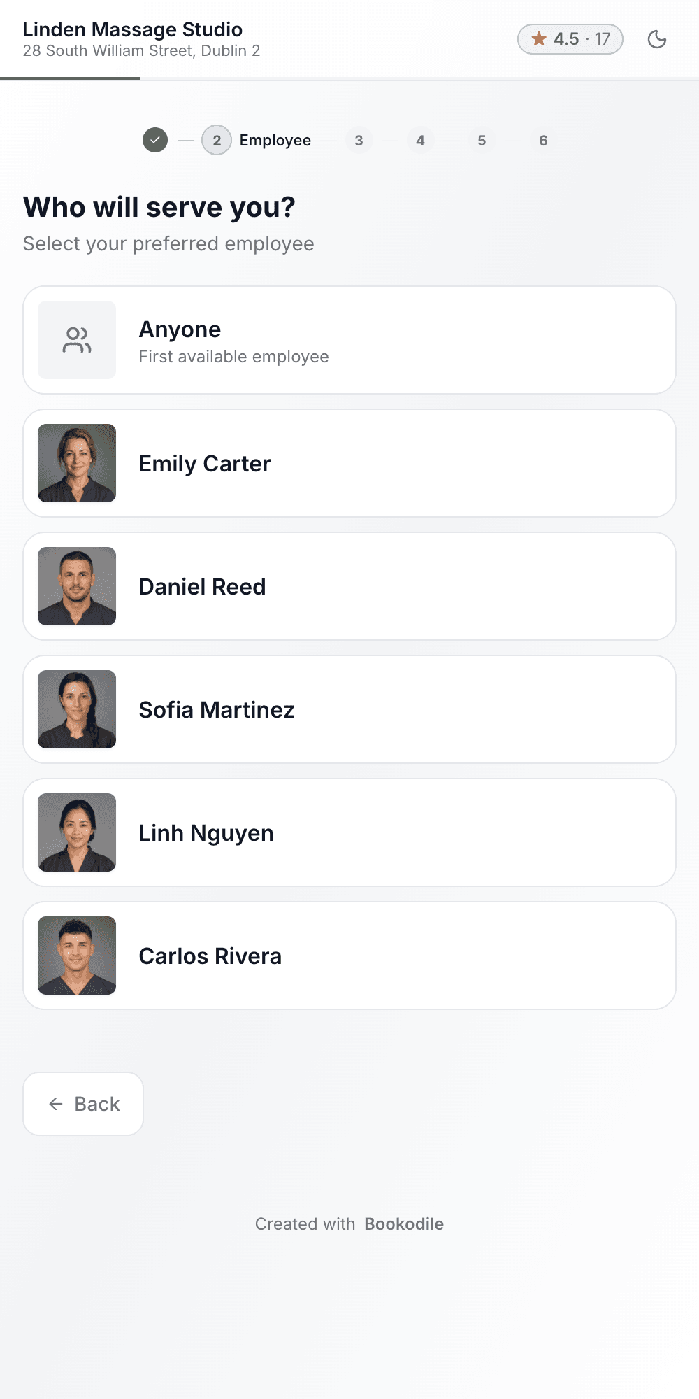 A massage studio's booking page on a phone, at Who will serve you: Anyone, then five therapists with their photos