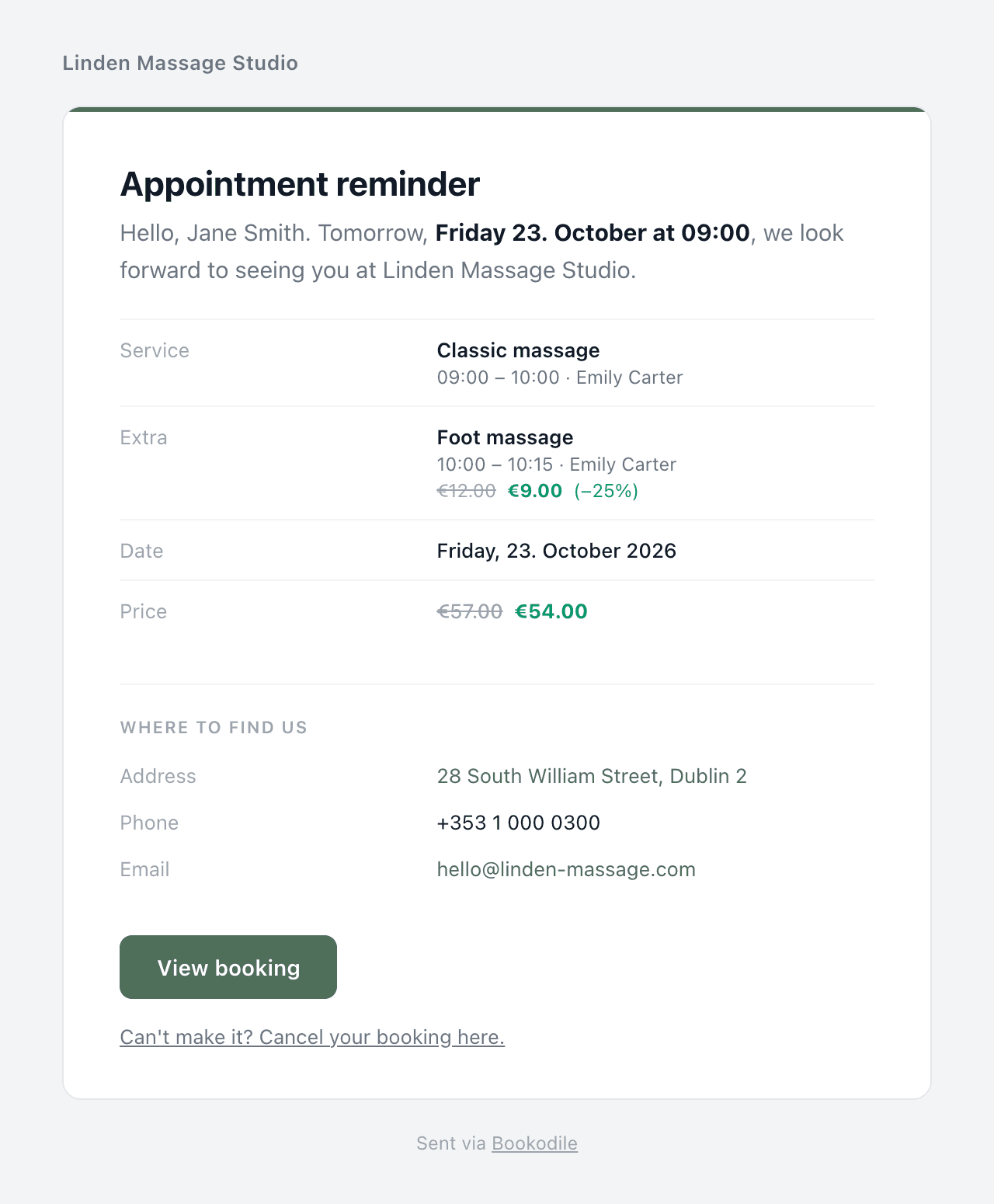 The reminder email a client gets the day before: the massage, the extra, the time, the studio's address, View booking, and a link to cancel
