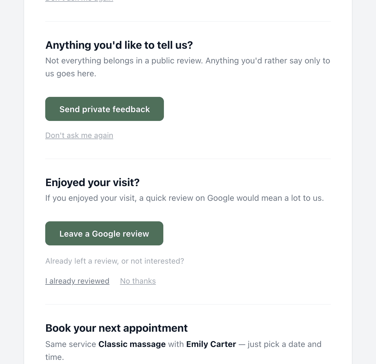 The email after a visit, at its Google part: the private feedback question, then Leave a Google review with I already reviewed and No thanks under it, then the next appointment
