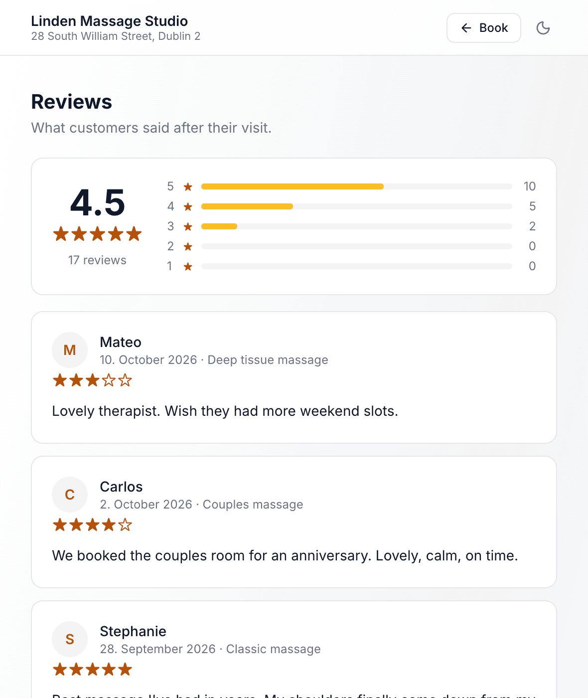A massage studio's public reviews page: a 4.5 average from 17 reviews and the latest ones, each with its massage