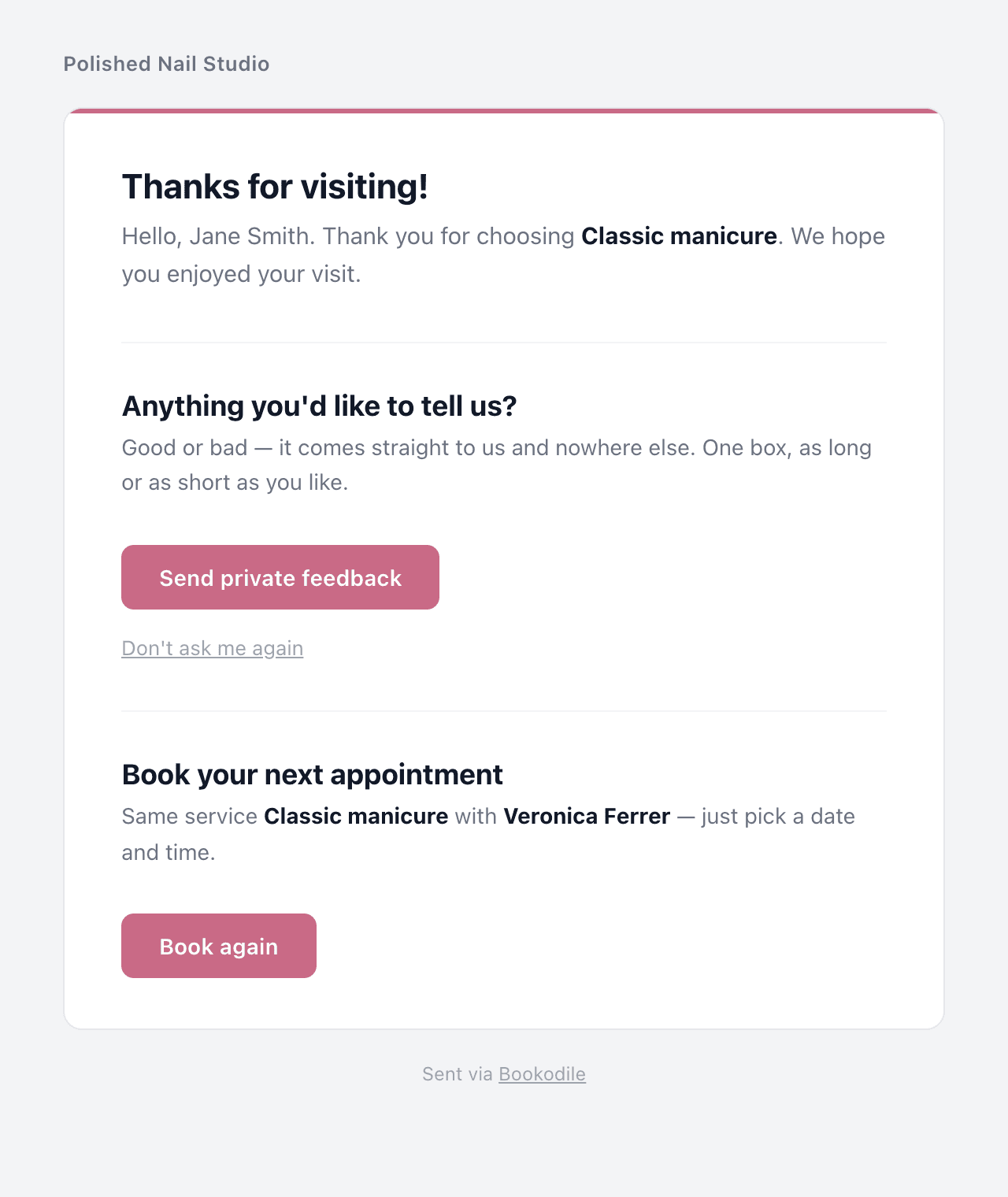 The email after a visit asking for private feedback, with Book again under it