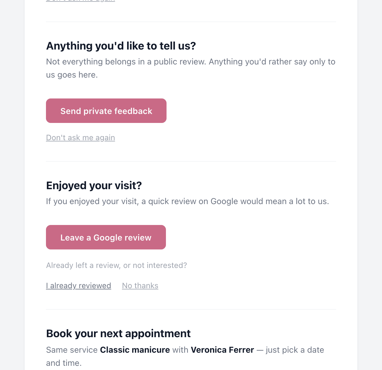 The email after a visit, at its Google part: the private feedback question, then Leave a Google review with I already reviewed and No thanks under it, then Book again