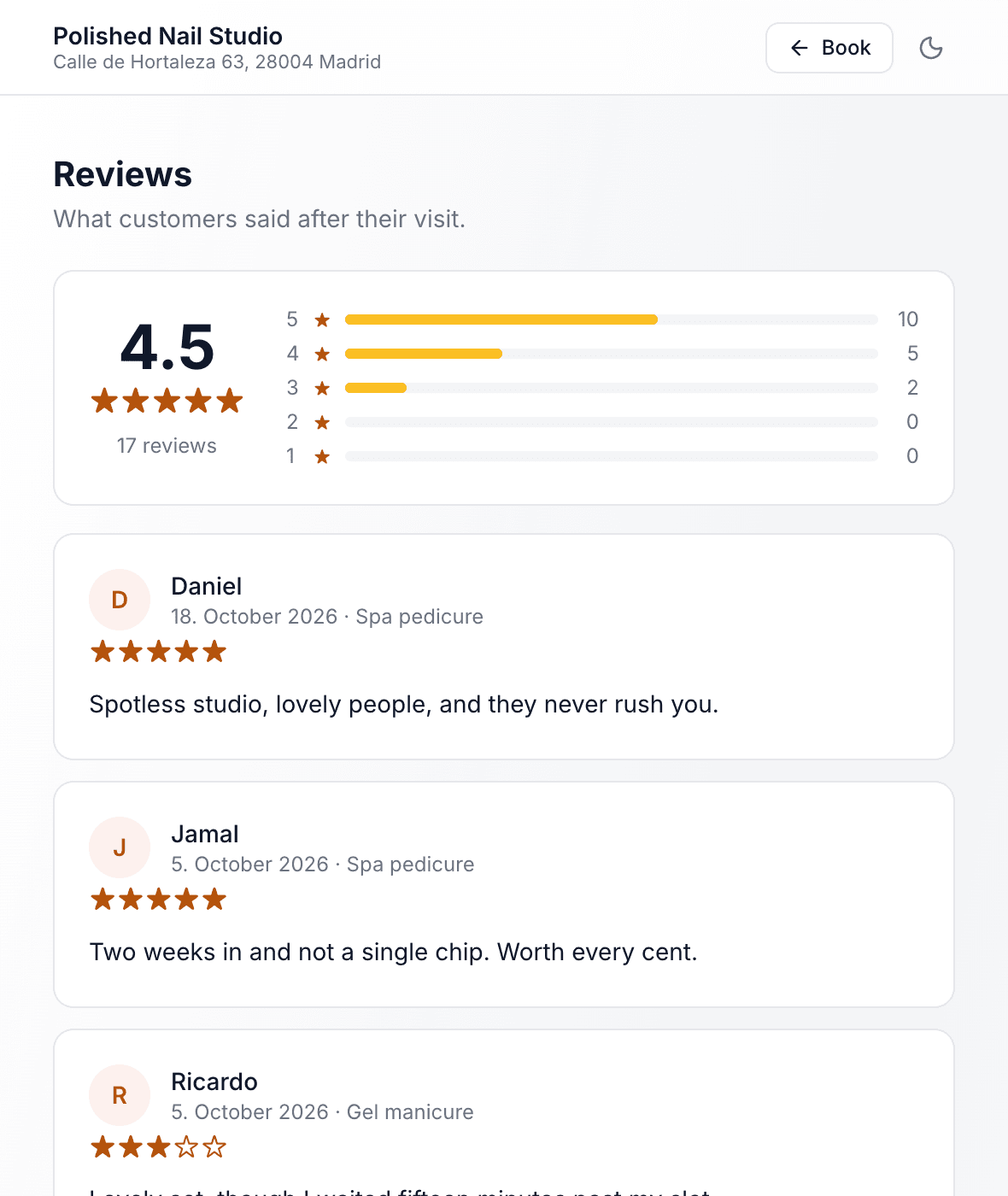 A nail salon's public reviews page: a 4.5 average from 17 reviews and the latest ones, each with its service