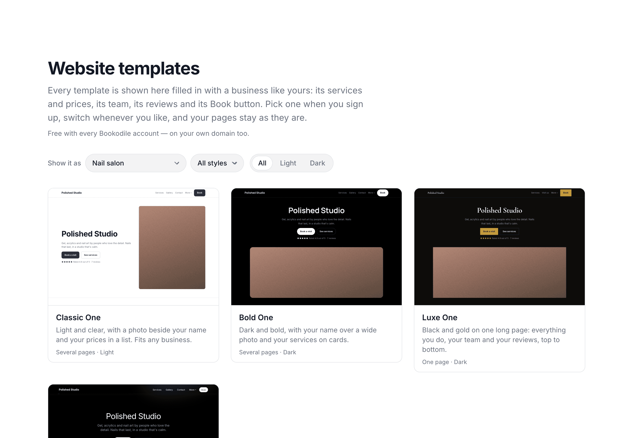 The website templates, each one drawn as a sample nail salon with its name, services and Book button