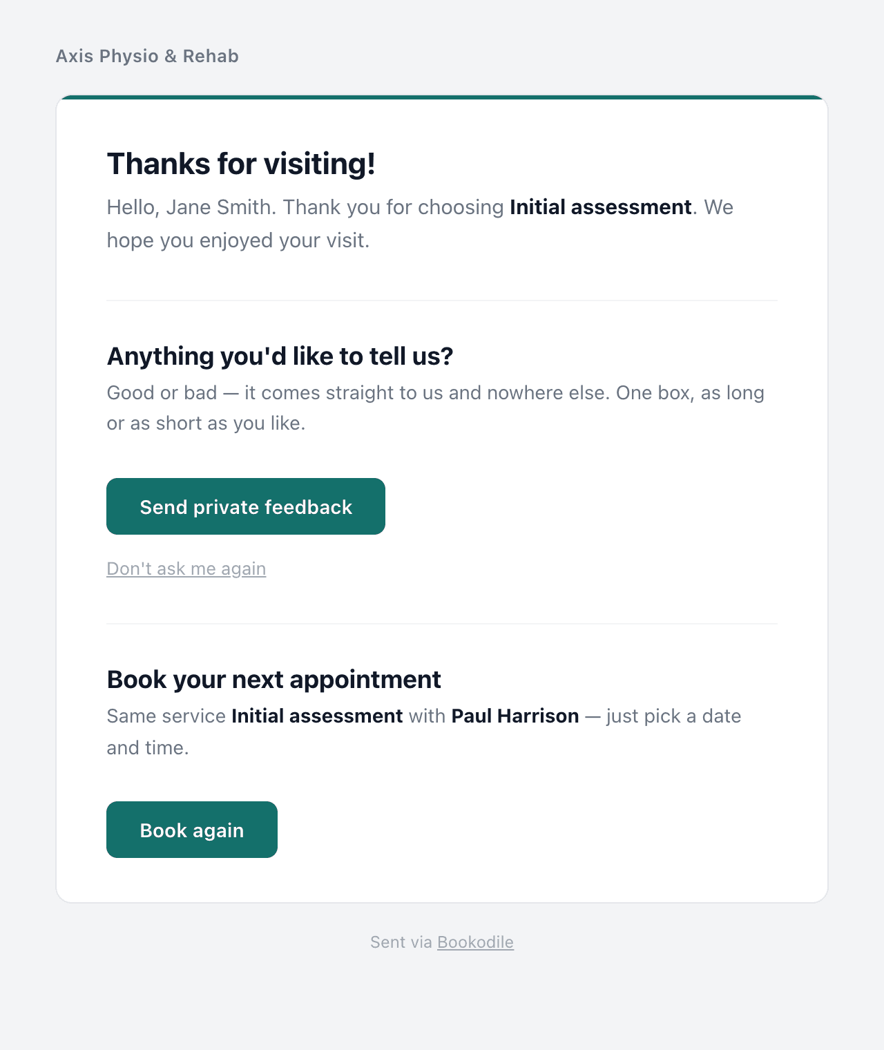 The email after a visit asking for private feedback, with Book again under it