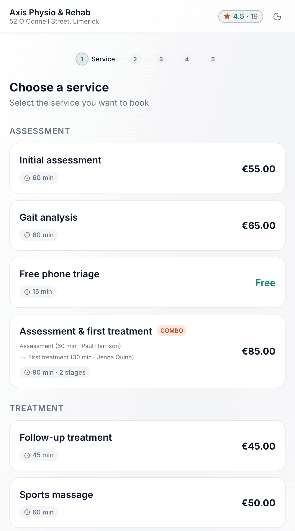 A physiotherapy practice's booking page on a phone, at its assessments: an initial assessment, gait analysis, a free phone triage call and an assessment followed by a first treatment with a second therapist, then the treatments