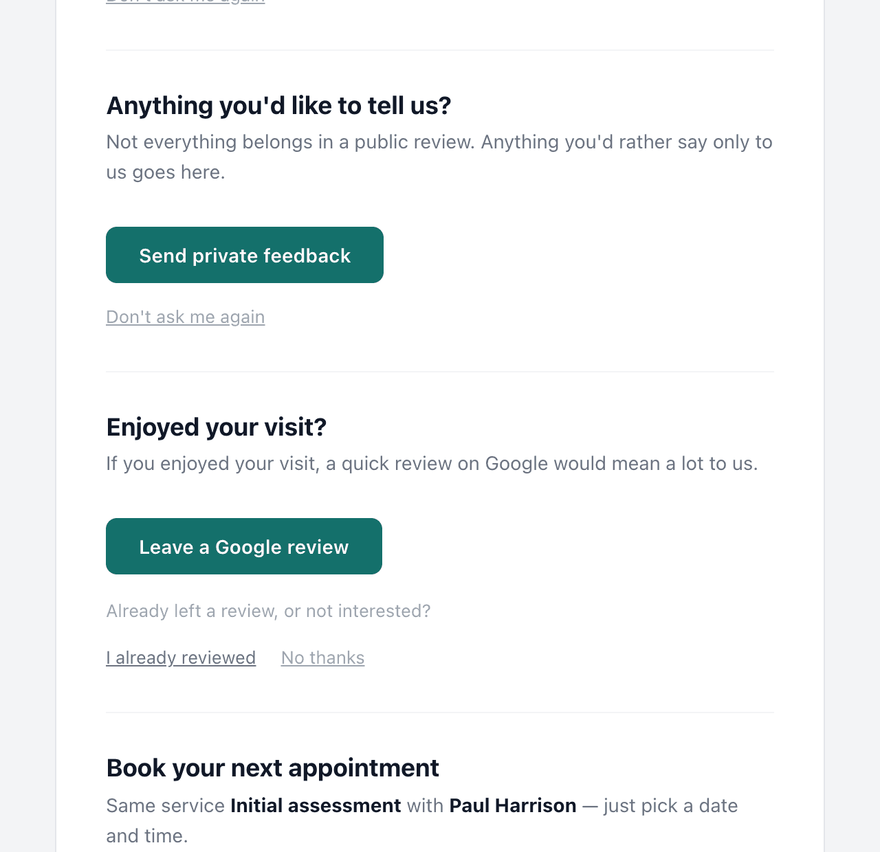 The email after a visit, at its Google part: the private feedback question, then Leave a Google review with I already reviewed and No thanks under it, then the next appointment